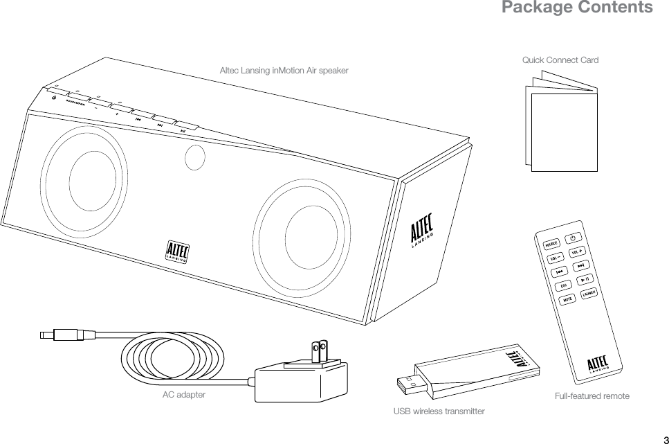 3ENPackage ContentsAC adapter Full-featured remoteQuick Connect CardAltec Lansing inMotion Air speakerUSB wireless transmitter