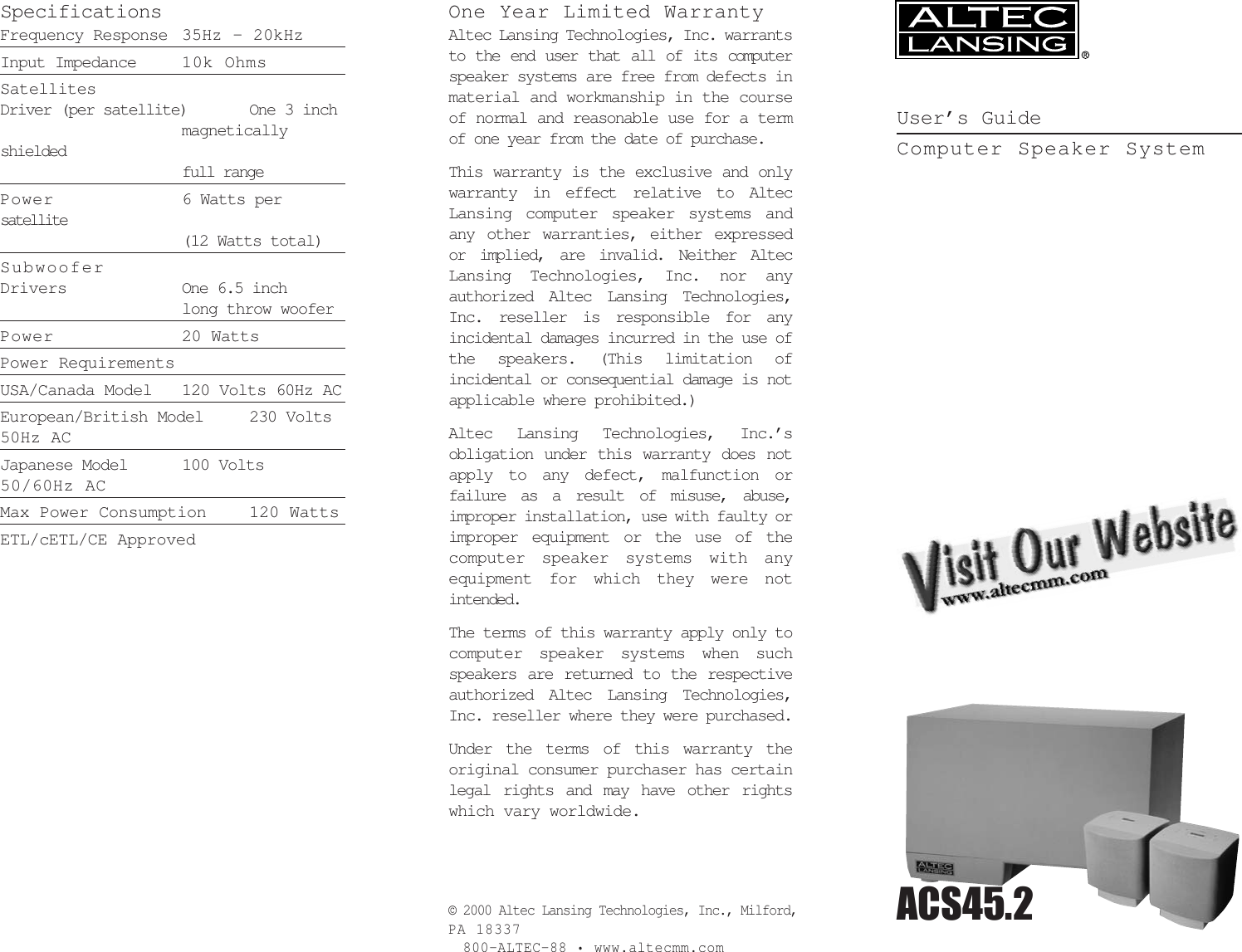 Page 1 of 4 - Altec-Lansing Altec-Lansing-Acs45-2-Users-Manual- 03-001 879-882  Altec-lansing-acs45-2-users-manual