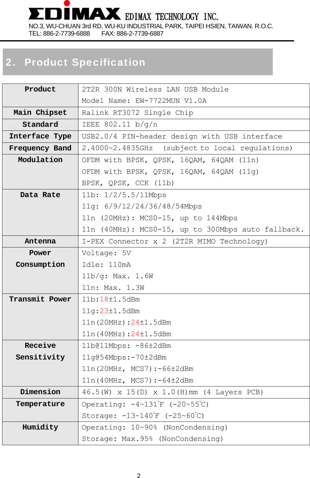  EDIMAX TECHNOLOGY INC. NO.3, WU-CHUAN 3rd RD, WU-KU INDUSTRIAL PARK, TAIPEI HSIEN, TAIWAN. R.O.C.   TEL: 886-2-7739-6888    FAX: 886-2-7739-6887              2 2. Product Specification Product  2T2R 300N Wireless LAN USB Module Model Name: EW-7722MUN V1.0A Main Chipset  Ralink RT3072 Single Chip Standard  IEEE 802.11 b/g/n Interface Type  USB2.0/4 PIN-header design with USB interface Frequency Band  2.4000~2.4835GHz    (subject to local regulations) Modulation  OFDM with BPSK, QPSK, 16QAM, 64QAM (11n) OFDM with BPSK, QPSK, 16QAM, 64QAM (11g) BPSK, QPSK, CCK (11b) Data Rate  11b: 1/2/5.5/11Mbps 11g: 6/9/12/24/36/48/54Mbps 11n (20MHz): MCS0-15, up to 144Mbps 11n (40MHz): MCS0-15, up to 300Mbps auto fallback.Antenna  I-PEX Connector x 2 (2T2R MIMO Technology) Power Consumption Voltage: 5V Idle: 110mA 11b/g: Max. 1.6W 11n: Max. 1.3W Transmit Power  11b:18±1.5dBm 11g:23±1.5dBm 11n(20MHz):24±1.5dBm 11n(40MHz):24±1.5dBm Receive Sensitivity 11b@11Mbps: -86±2dBm 11g@54Mbps:-70±2dBm 11n(20MHz, MCS7):-66±2dBm 11n(40MHz, MCS7):-64±2dBm Dimension  46.5(W) x 15(D) x 1.0(H)mm (4 Layers PCB) Temperature  Operating: -4~131°F (-20~55°C) Storage: -13~140°F (-25~60°C) Humidity  Operating: 10~90% (NonCondensing) Storage: Max.95% (NonCondensing) 