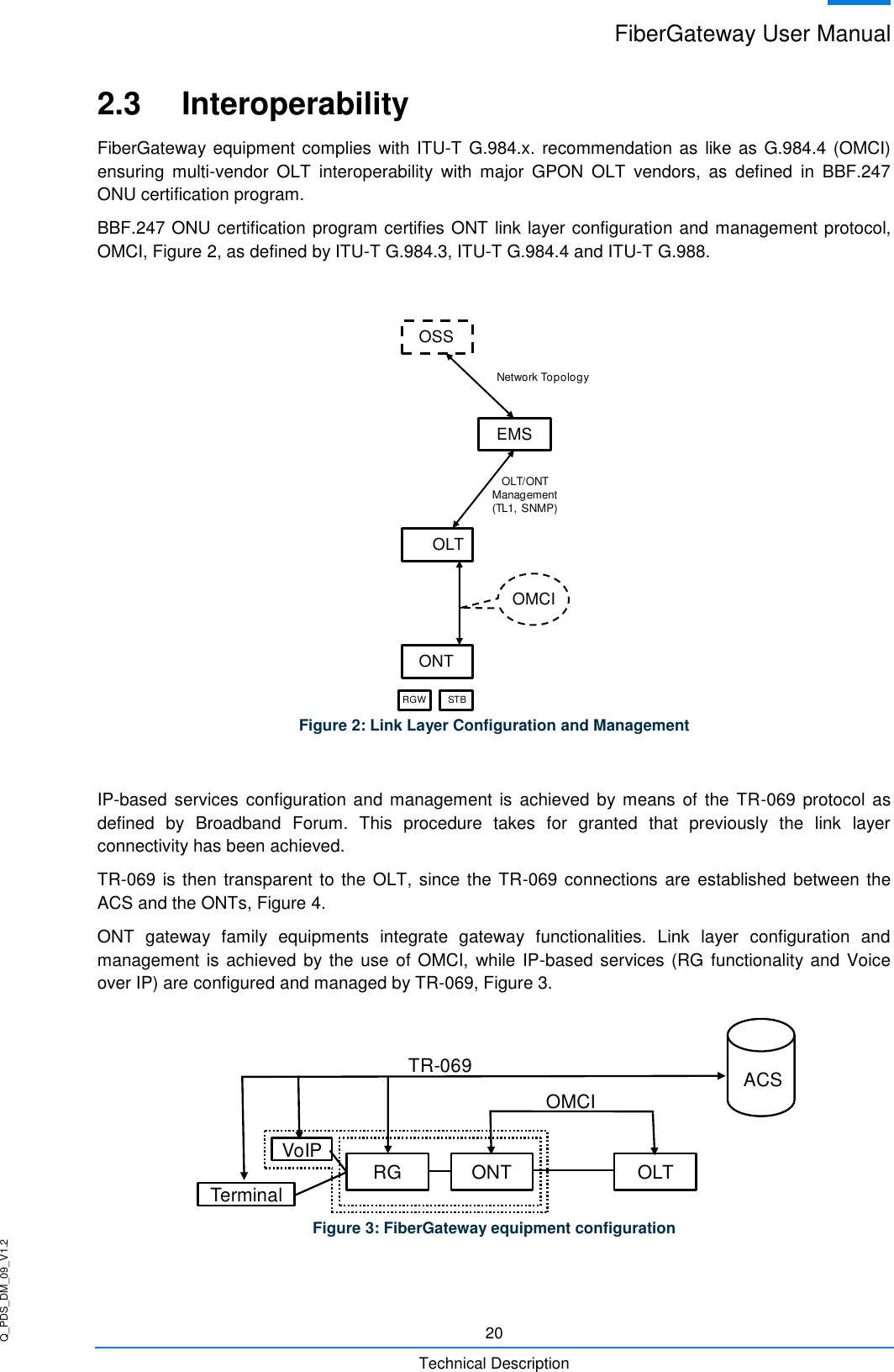 Q_PDS_DM_09_V1.2 FiberGateway User Manual  20 Technical Description 2.3  Interoperability FiberGateway equipment complies with ITU-T G.984.x. recommendation as  like as G.984.4 (OMCI) ensuring  multi-vendor  OLT  interoperability  with  major  GPON  OLT  vendors,  as  defined  in  BBF.247 ONU certification program. BBF.247 ONU certification program certifies ONT link layer configuration and management protocol, OMCI, Figure 2, as defined by ITU-T G.984.3, ITU-T G.984.4 and ITU-T G.988.   Figure 2: Link Layer Configuration and Management  IP-based services configuration and management  is achieved  by means of the TR-069  protocol as defined  by  Broadband  Forum.  This  procedure  takes  for  granted  that  previously  the  link  layer connectivity has been achieved. TR-069 is  then transparent to the OLT, since the TR-069 connections  are established  between the ACS and the ONTs, Figure 4. ONT  gateway  family  equipments  integrate  gateway  functionalities.  Link  layer  configuration  and management is achieved by the use of OMCI,  while IP-based services (RG functionality and Voice over IP) are configured and managed by TR-069, Figure 3.  Figure 3: FiberGateway equipment configuration  OSSEMSOLTONTRGW STBOMCINetwork TopologyOLT/ONTManagement(TL1, SNMP)ONTRG OLTACSVoIPTerminalTR-069OMCI