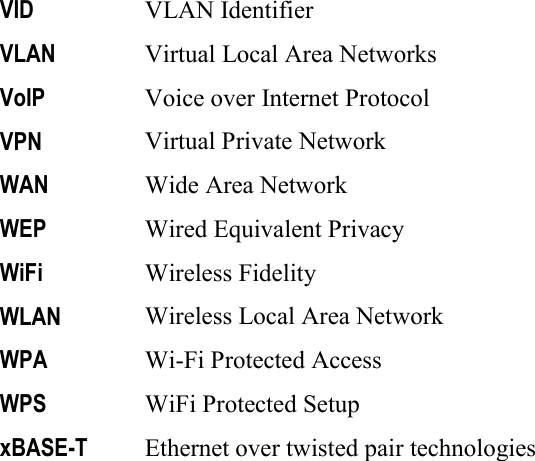      VID VLAN Identifier VLAN Virtual Local Area Networks VoIP Voice over Internet Protocol VPN Virtual Private Network WAN Wide Area Network WEP Wired Equivalent Privacy WiFi Wireless Fidelity WLAN Wireless Local Area Network WPA Wi-Fi Protected Access WPS WiFi Protected Setup xBASE-T Ethernet over twisted pair technologies 
