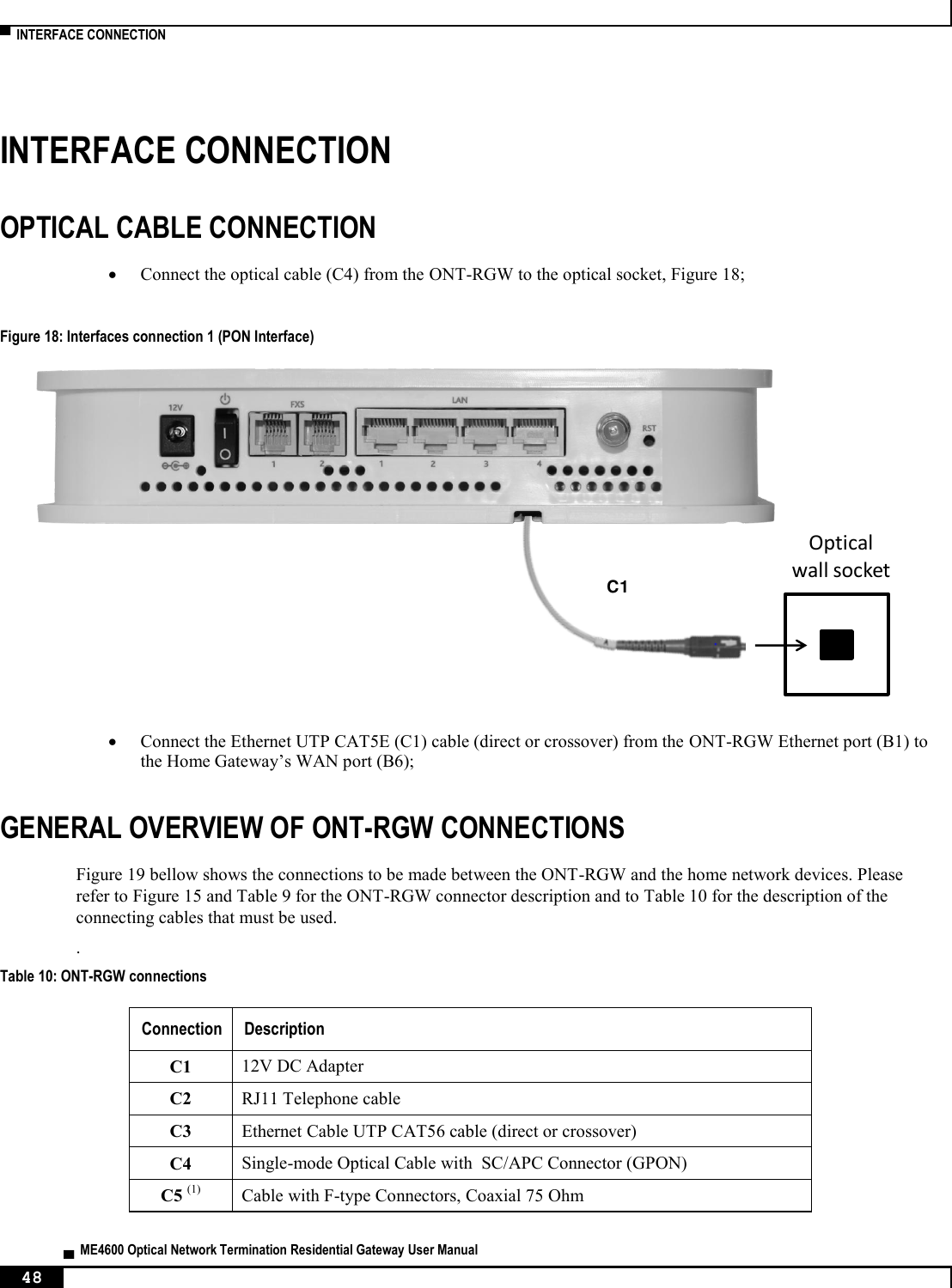  ▀  INTERFACE CONNECTION   ▄  ME4600 Optical Network Termination Residential Gateway User Manual 48    INTERFACE CONNECTION OPTICAL CABLE CONNECTION  Connect the optical cable (C4) from the ONT-RGW to the optical socket, Figure 18;  Figure 18: Interfaces connection 1 (PON Interface)    Connect the Ethernet UTP CAT5E (C1) cable (direct or crossover) from the ONT-RGW Ethernet port (B1) to the Home Gateway’s WAN port (B6); GENERAL OVERVIEW OF ONT-RGW CONNECTIONS Figure 19 bellow shows the connections to be made between the ONT-RGW and the home network devices. Please refer to Figure 15 and Table 9 for the ONT-RGW connector description and to Table 10 for the description of the connecting cables that must be used. . Table 10: ONT-RGW connections Connection Description C1 12V DC Adapter C2 RJ11 Telephone cable  C3 Ethernet Cable UTP CAT56 cable (direct or crossover) C4 Single-mode Optical Cable with  SC/APC Connector (GPON)  C5 (1) Cable with F-type Connectors, Coaxial 75 Ohm Optical wall socketC1