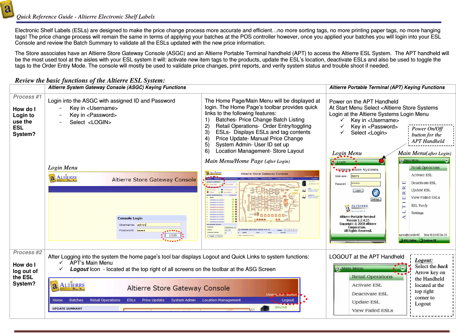  Quick Reference Guide - Altierre Electronic Shelf Labels  Altierre Confidential                                                                                                                                      Lab Testing Version 2                                                                                                                                                                              Page 3  Electronic Shelf Labels (ESLs) are designed to make the price change process more accurate and efficient&hellip;no more sorting tags, no more printing paper tags, no more hanging tags! The price change process will remain the same in terms of applying your batches at the POS controller however, once you applied your batches you will login into your ESL Console and review the Batch Summary to validate all the ESLs updated with the new price information.    The Store associates have an Altierre Store Gateway Console (ASGC) and an Altierre Portable Terminal handheld (APT) to access the Altierre ESL System.  The APT handheld will be the most used tool at the aisles with your ESL system it will: activate new item tags to the products, update the ESL&rsquo;s location, deactivate ESLs and also be used to toggle the tags to the Order Entry Mode. The console will mostly be used to validate price changes, print reports, and verify system status and trouble shoot if needed.  Review the basic functions of the Altierre ESL System:  Altierre System Gateway Console (ASGC) Keying Functions  Altierre Portable Terminal (APT) Keying Functions Process #1  How do I Login to use the ESL System?   Login into the ASGC with assigned ID and Password -  Key in <Username> -  Key in <Password> -  Select  <LOGIN>        Login Menu    The Home Page/Main Menu will be displayed at login. The Home Page&rsquo;s toolbar provides quick links to the following features: 1)  Batches- Price Change Batch Listing 2)  Retail Operations-  Order Entry/toggling 3)  ESLs-  Displays ESLs and tag contents  4)  Price Update- Manual Price Change  5)  System Admin- User ID set up 6)  Location Management- Store Layout  Main Menu/Home Page (after Login)     Power on the APT Handheld At Start Menu Select <Altierre Store Systems Login at the Altierre Systems Login Menu   Key in <Username>   Key in <Password>   Select <Login>      Login Menu                        Main Menu(after Login)           Process #2  How do I log out of the ESL System?   After Logging into the system the home page&rsquo;s tool bar displays Logout and Quick Links to system functions:   APT&rsquo;s Main Menu   Logout Icon  - located at the top right of all screens on the toolbar at the ASG Screen     LOGOUT at the APT Handheld     Power On/Off button for the APT Handheld Logout: Select the back Arrow key on the Handheld located at the top right corner to Logout 