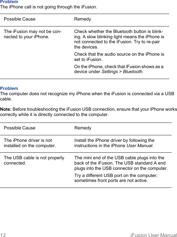 12 iFusion User Manual Problem The iPhone call is not going through the iFusion.Possible Cause RemedyThe iFusion may not be con-nected to your iPhone.Check whether the Bluetooth button is blink-ing. A slow blinking light means the iPhone is not connected to the iFusion. Try to re-pair the devices.Check that the audio source on the iPhone is set to iFusion.On the iPhone, check that iFusion shows as a  device under Settings &gt; Bluetooth.Problem The computer does not recognize my iPhone when the iFusion is connected via a USB cable. Note: Before troubleshooting the iFusion USB connection, ensure that your iPhone works correctly while it is directly connected to the computer.Possible Cause RemedyThe iPhone driver is not installed on the computer.Install the iPhone driver by following the instructions in the iPhone User Manual.The USB cable is not properly connected.The mini end of the USB cable plugs into the back of the iFusion. The USB standard A end plugs into the USB connector on the computer.Try a different USB port on the computer; sometimes front ports are not active.