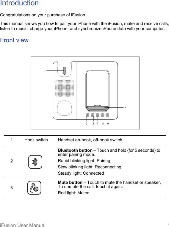 iFusion User Manual 1IntroductionCongratulations on your purchase of iFusion.This manual shows you how to pair your iPhone with the iFusion, make and receive calls, listen to music, charge your iPhone, and synchronize iPhone data with your computer.Front view 1 Hook switch Handset on-hook, off-hook switch.2Bluetooth button – Touch and hold (for 5 seconds) to  enter pairing mode.Rapid blinking light: PairingSlow blinking light: ReconnectingSteady light: Connected3Mute button – Touch to mute the handset or speaker. To unmute the call, touch it again.Red light: Muted