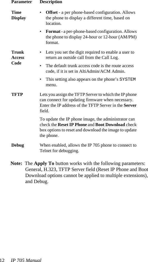 12 IP 705 Manual Note: The Apply To button works with the following parameters: General, H.323, TFTP Server field (Reset IP Phone and Boot Download options cannot be applied to multiple extensions), and Debug. Time Display •Offset - a per phone-based configuration. Allows the phone to display a different time, based on location. •Format - a per-phone-based configuration. Allows the phone to display 24-hour or 12-hour (AM/PM) format.Trunk Access Code• Lets you set the digit required to enable a user to return an outside call from the Call Log.• The default trunk access code is the route access code, if it is set in AltiAdmin/ACM Admin.• This setting also appears on the phone’s SYSTEM menu.TFTP Lets you assign the TFTP Server to which the IP phone can connect for updating firmware when necessary. Enter the IP address of the TFTP Server in the Server field. To update the IP phone image, the administrator can check the Reset IP Phone and Boot Download check box options to reset and download the image to update the phone.Debug When enabled, allows the IP 705 phone to connect to Telnet for debugging.Parameter Description