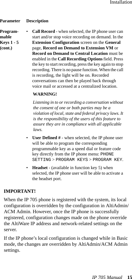 InstallationIP 705 Manual 15IMPORTANT! When the IP 705 phone is registered with the system, its local configuration is overridden by the configuration in AltiAdmin/ACM Admin. However, once the IP phone is successfully registered, configuration changes made on the phone override the AltiWare IP address and network-related settings on the server.If the IP phone’s local configuration is changed while in Basic mode, the changes are overridden by AltiAdmin/ACM Admin settings.Program-mable Keys 1 - 5 (cont.)•Call Record - when selected, the IP phone user can start and/or stop voice recording on demand. In the Extension Configuration screen on the General page, Record on Demand to Extension VM or Record on Demand to Central Location must be enabled in the Call Recording Options field. Press the key to start recording, press the key again to stop recording. There is no pause function. When the call is recording, the light will be on. Recorded conversations can then be played back through voice mail or accessed at a centralized location.WARNING! Listening in to or recording a conversation without the consent of one or both parties may be a violation of local, state and federal privacy laws. It is the responsibility of the users of this feature to assure they are in compliance with all applicable laws.•User Defined # - when selected, the IP phone user will be able to program the corresponding programmable key as a speed dial or feature code key directly from the IP phone menu: PHONE SETTING &gt; PROGRAM KEYS &gt; PROGRAM KEY.•Headset - (available in function key 5) when selected, the IP phone user will be able to activate a the headset port.Parameter Description