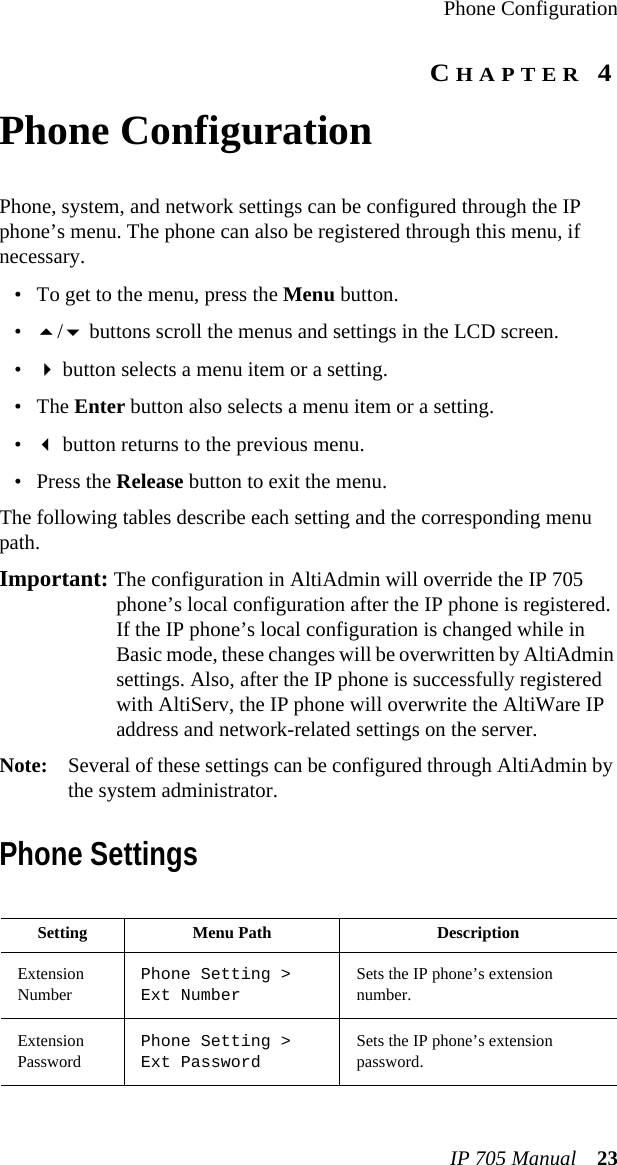 Phone ConfigurationIP 705 Manual 23CHAPTER 4Phone ConfigurationPhone, system, and network settings can be configured through the IP phone’s menu. The phone can also be registered through this menu, if necessary.• To get to the menu, press the Menu button.•/ buttons scroll the menus and settings in the LCD screen. • button selects a menu item or a setting. • The Enter button also selects a menu item or a setting.• button returns to the previous menu.•Press the Release button to exit the menu.The following tables describe each setting and the corresponding menu path.Important: The configuration in AltiAdmin will override the IP 705 phone’s local configuration after the IP phone is registered. If the IP phone’s local configuration is changed while in Basic mode, these changes will be overwritten by AltiAdmin settings. Also, after the IP phone is successfully registered with AltiServ, the IP phone will overwrite the AltiWare IP address and network-related settings on the server.Note: Several of these settings can be configured through AltiAdmin by the system administrator.Phone SettingsSetting Menu Path DescriptionExtension NumberPhone Setting &gt; Ext NumberSets the IP phone’s extension number.Extension PasswordPhone Setting &gt; Ext PasswordSets the IP phone’s extension password.