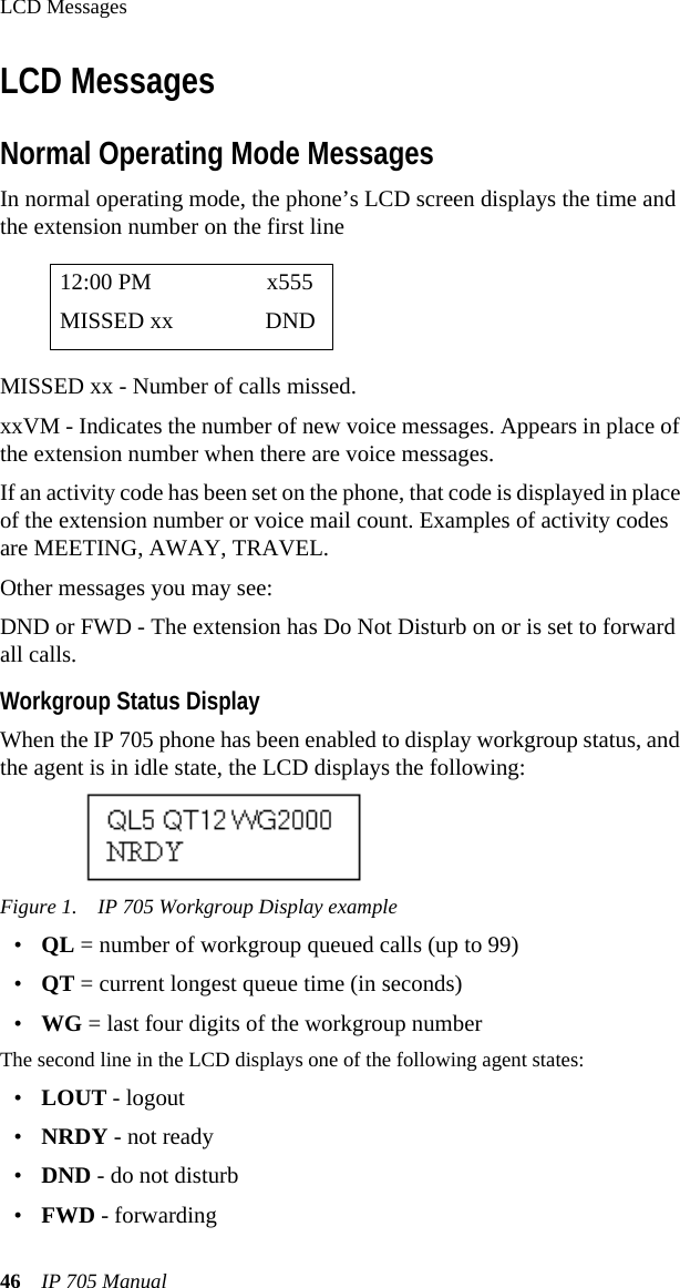 LCD Messages46 IP 705 ManualLCD MessagesNormal Operating Mode MessagesIn normal operating mode, the phone’s LCD screen displays the time and the extension number on the first lineMISSED xx - Number of calls missed.xxVM - Indicates the number of new voice messages. Appears in place of the extension number when there are voice messages.If an activity code has been set on the phone, that code is displayed in place of the extension number or voice mail count. Examples of activity codes are MEETING, AWAY, TRAVEL.Other messages you may see:DND or FWD - The extension has Do Not Disturb on or is set to forward all calls. Workgroup Status DisplayWhen the IP 705 phone has been enabled to display workgroup status, and the agent is in idle state, the LCD displays the following:  Figure 1. IP 705 Workgroup Display example•QL = number of workgroup queued calls (up to 99)•QT = current longest queue time (in seconds)•WG = last four digits of the workgroup numberThe second line in the LCD displays one of the following agent states:•LOUT - logout•NRDY - not ready•DND - do not disturb•FWD - forwarding12:00 PM x555MISSED xx DND