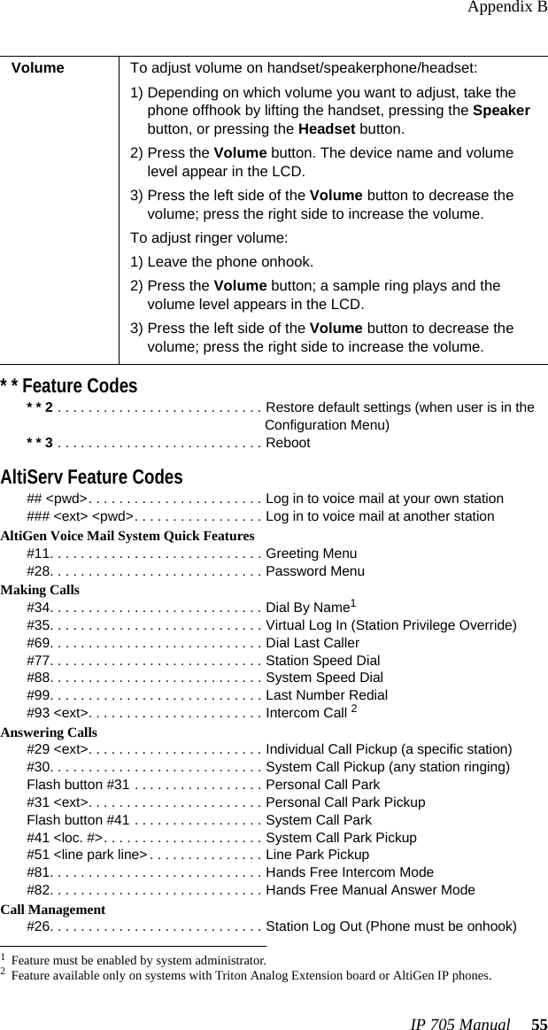 Appendix BIP 705 Manual  55* * Feature Codes* * 2 . . . . . . . . . . . . . . . . . . . . . . . . . . . Restore default settings (when user is in the Configuration Menu)* * 3 . . . . . . . . . . . . . . . . . . . . . . . . . . . RebootAltiServ Feature Codes## &lt;pwd&gt;. . . . . . . . . . . . . . . . . . . . . . . Log in to voice mail at your own station### &lt;ext&gt; &lt;pwd&gt;. . . . . . . . . . . . . . . . . Log in to voice mail at another stationAltiGen Voice Mail System Quick Features#11. . . . . . . . . . . . . . . . . . . . . . . . . . . . Greeting Menu#28. . . . . . . . . . . . . . . . . . . . . . . . . . . . Password MenuMaking Calls#34. . . . . . . . . . . . . . . . . . . . . . . . . . . . Dial By Name1#35. . . . . . . . . . . . . . . . . . . . . . . . . . . . Virtual Log In (Station Privilege Override)#69. . . . . . . . . . . . . . . . . . . . . . . . . . . . Dial Last Caller#77. . . . . . . . . . . . . . . . . . . . . . . . . . . . Station Speed Dial#88. . . . . . . . . . . . . . . . . . . . . . . . . . . . System Speed Dial#99. . . . . . . . . . . . . . . . . . . . . . . . . . . . Last Number Redial#93 &lt;ext&gt;. . . . . . . . . . . . . . . . . . . . . . . Intercom Call 2Answering Calls#29 &lt;ext&gt;. . . . . . . . . . . . . . . . . . . . . . . Individual Call Pickup (a specific station)#30. . . . . . . . . . . . . . . . . . . . . . . . . . . . System Call Pickup (any station ringing)Flash button #31 . . . . . . . . . . . . . . . . . Personal Call Park#31 &lt;ext&gt;. . . . . . . . . . . . . . . . . . . . . . . Personal Call Park PickupFlash button #41 . . . . . . . . . . . . . . . . . System Call Park#41 &lt;loc. #&gt;. . . . . . . . . . . . . . . . . . . . . System Call Park Pickup#51 &lt;line park line&gt; . . . . . . . . . . . . . . . Line Park Pickup#81. . . . . . . . . . . . . . . . . . . . . . . . . . . . Hands Free Intercom Mode#82. . . . . . . . . . . . . . . . . . . . . . . . . . . . Hands Free Manual Answer ModeCall Management#26. . . . . . . . . . . . . . . . . . . . . . . . . . . . Station Log Out (Phone must be onhook)Volume To adjust volume on handset/speakerphone/headset:1) Depending on which volume you want to adjust, take the phone offhook by lifting the handset, pressing the Speaker button, or pressing the Headset button. 2) Press the Volume button. The device name and volume level appear in the LCD.3) Press the left side of the Volume button to decrease the volume; press the right side to increase the volume.To adjust ringer volume:1) Leave the phone onhook.2) Press the Volume button; a sample ring plays and the volume level appears in the LCD.3) Press the left side of the Volume button to decrease the volume; press the right side to increase the volume.1Feature must be enabled by system administrator.2Feature available only on systems with Triton Analog Extension board or AltiGen IP phones.