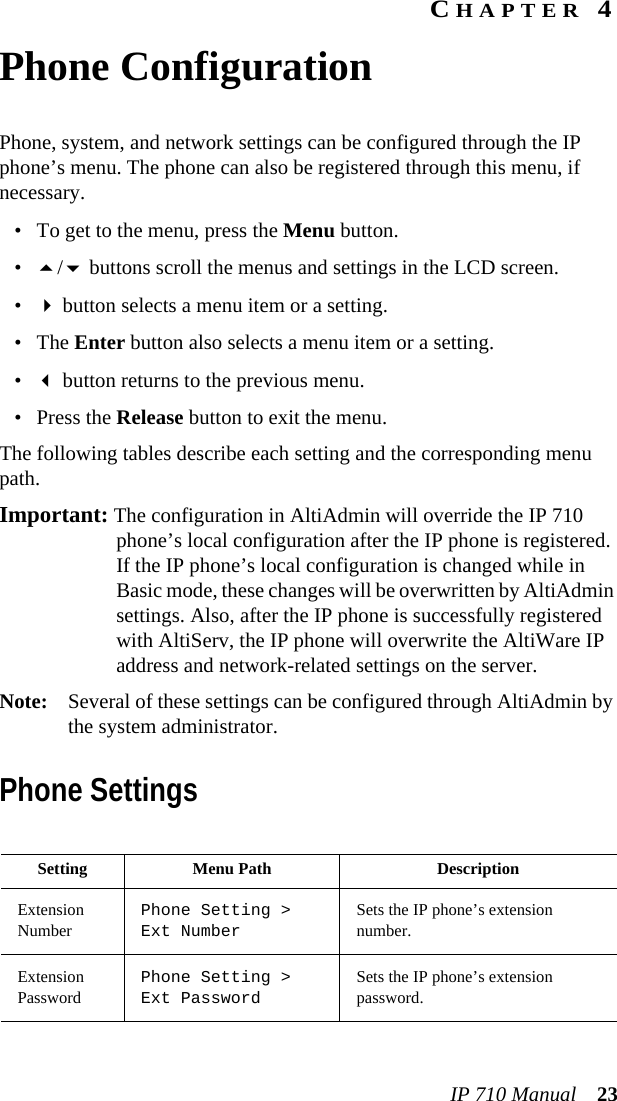 IP 710 Manual 23CHAPTER 4Phone ConfigurationPhone, system, and network settings can be configured through the IP phone’s menu. The phone can also be registered through this menu, if necessary.• To get to the menu, press the Menu button.•/ buttons scroll the menus and settings in the LCD screen. • button selects a menu item or a setting. • The Enter button also selects a menu item or a setting.• button returns to the previous menu.•Press the Release button to exit the menu.The following tables describe each setting and the corresponding menu path.Important: The configuration in AltiAdmin will override the IP 710 phone’s local configuration after the IP phone is registered. If the IP phone’s local configuration is changed while in Basic mode, these changes will be overwritten by AltiAdmin settings. Also, after the IP phone is successfully registered with AltiServ, the IP phone will overwrite the AltiWare IP address and network-related settings on the server.Note: Several of these settings can be configured through AltiAdmin by the system administrator.Phone SettingsSetting Menu Path DescriptionExtension NumberPhone Setting &gt; Ext NumberSets the IP phone’s extension number.Extension PasswordPhone Setting &gt; Ext PasswordSets the IP phone’s extension password.