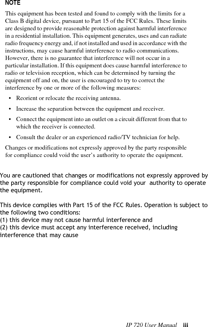 iv  IP 720 User Manual