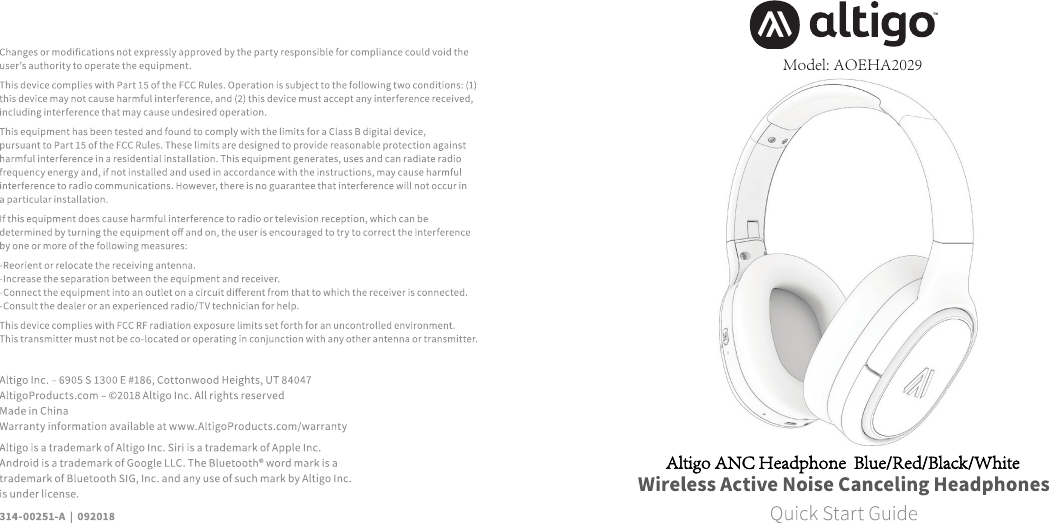 Model: AOEHA2029Altigo ANC Headphone  Blue/Red/Black/White