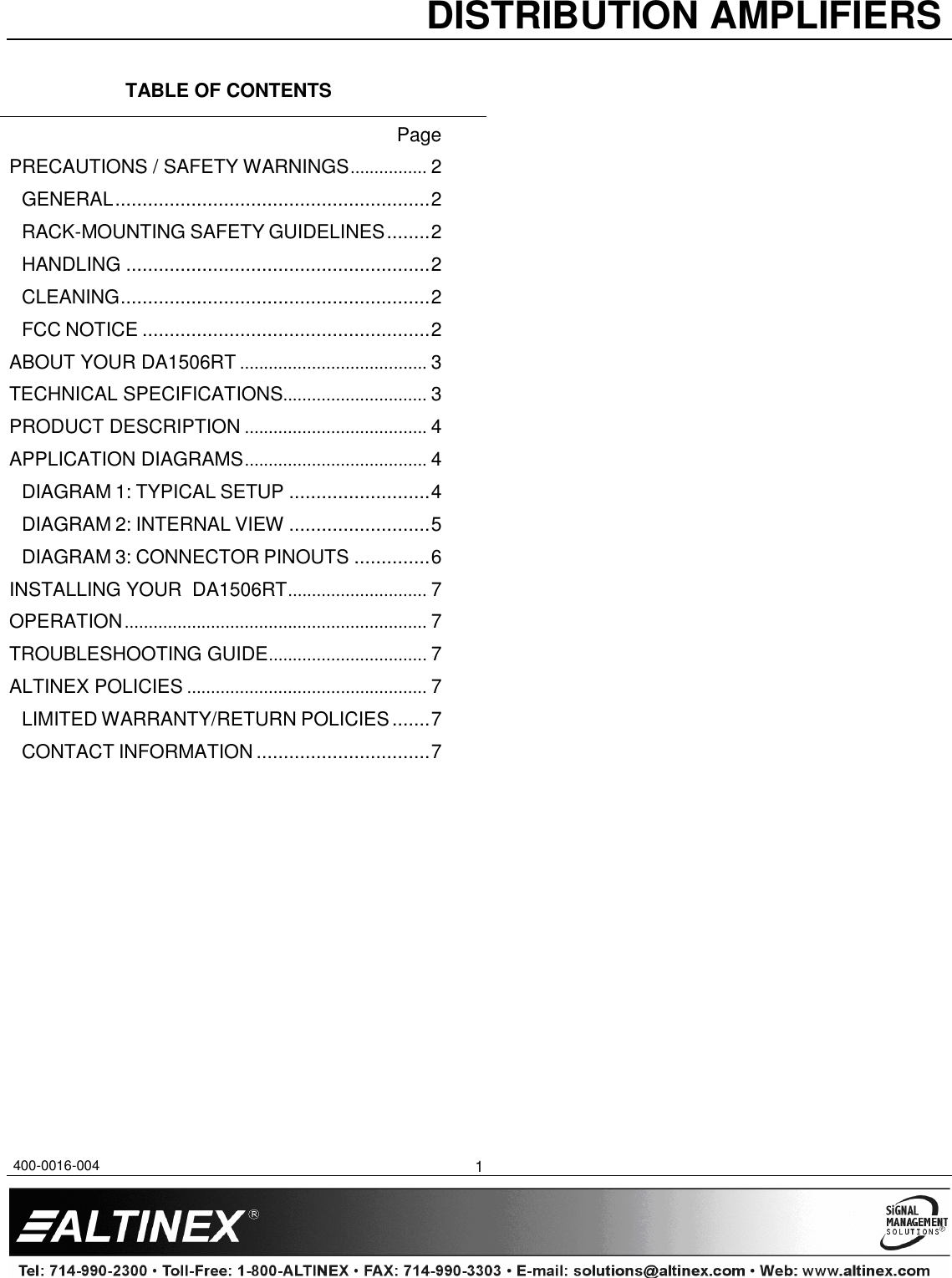 Page 2 of 8 - Altinex Altinex-Da1506Rt-Users-Manual- 400-0016-004  Altinex-da1506rt-users-manual