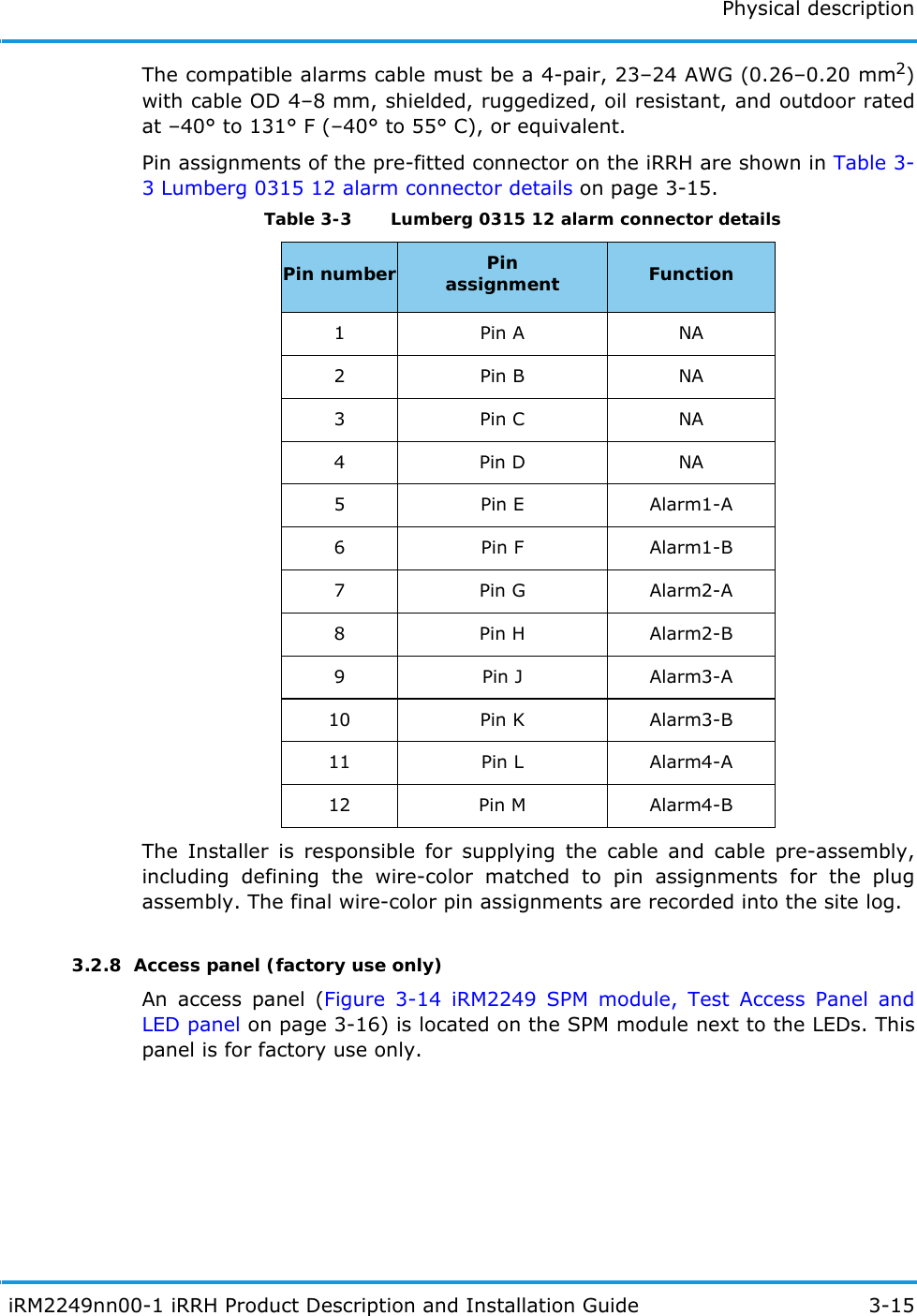 Physical description iRM2249nn00-1 iRRH Product Description and Installation Guide 3-15The compatible alarms cable must be a 4-pair, 23–24 AWG (0.26–0.20 mm2) with cable OD 4–8 mm, shielded, ruggedized, oil resistant, and outdoor rated at –40° to 131° F (–40° to 55° C), or equivalent. Pin assignments of the pre-fitted connector on the iRRH are shown in Table 3-3 Lumberg 0315 12 alarm connector details on page 3-15.The Installer is responsible for supplying the cable and cable pre-assembly, including defining the wire-color matched to pin assignments for the plug assembly. The final wire-color pin assignments are recorded into the site log.3.2.8  Access panel (factory use only)An access panel (Figure 3-14 iRM2249 SPM module, Test Access Panel and LED panel on page 3-16) is located on the SPM module next to the LEDs. This panel is for factory use only.Table 3-3   Lumberg 0315 12 alarm connector details  Pin number Pinassignment Function1Pin A NA2Pin B NA3Pin C NA4Pin D NA5Pin E Alarm1-A6Pin F Alarm1-B7Pin G Alarm2-A8Pin H Alarm2-B9Pin J Alarm3-A10 Pin K Alarm3-B11 Pin L Alarm4-A12 Pin M Alarm4-B