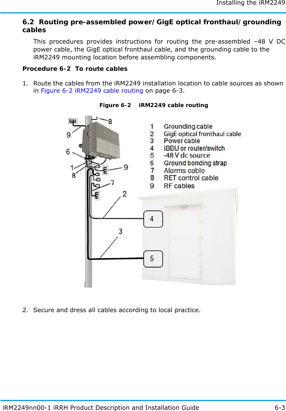 Installing the iRM2249 iRM2249nn00-1 iRRH Product Description and Installation Guide 6-36.2  Routing pre-assembled power/GigE optical fronthaul/grounding cablesThis procedures provides instructions for routing the pre-assembled –48 V DC power cable, the GigE optical fronthaul cable, and the grounding cable to theiRM2249 mounting location before assembling components.Procedure 6-2  To route cables1. Route the cables from the iRM2249 installation location to cable sources as shown in Figure 6-2 iRM2249 cable routing on page 6-3.Figure 6-2   iRM2249 cable routing2. Secure and dress all cables according to local practice.