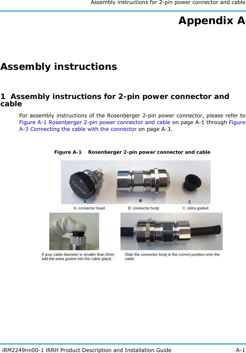 Assembly instructions for 2-pin power connector and cable iRM2249nn00-1 iRRH Product Description and Installation Guide A-1Appendix AAssembly instructions1  Assembly instructions for 2-pin power connector and cableFor assembly instructions of the Rosenberger 2-pin power connector, please refer to Figure A-1 Rosenberger 2-pin power connector and cable on page A-1 through Figure A-3 Connecting the cable with the connector on page A-3.Figure A-1  Rosenberger 2-pin power connector and cable