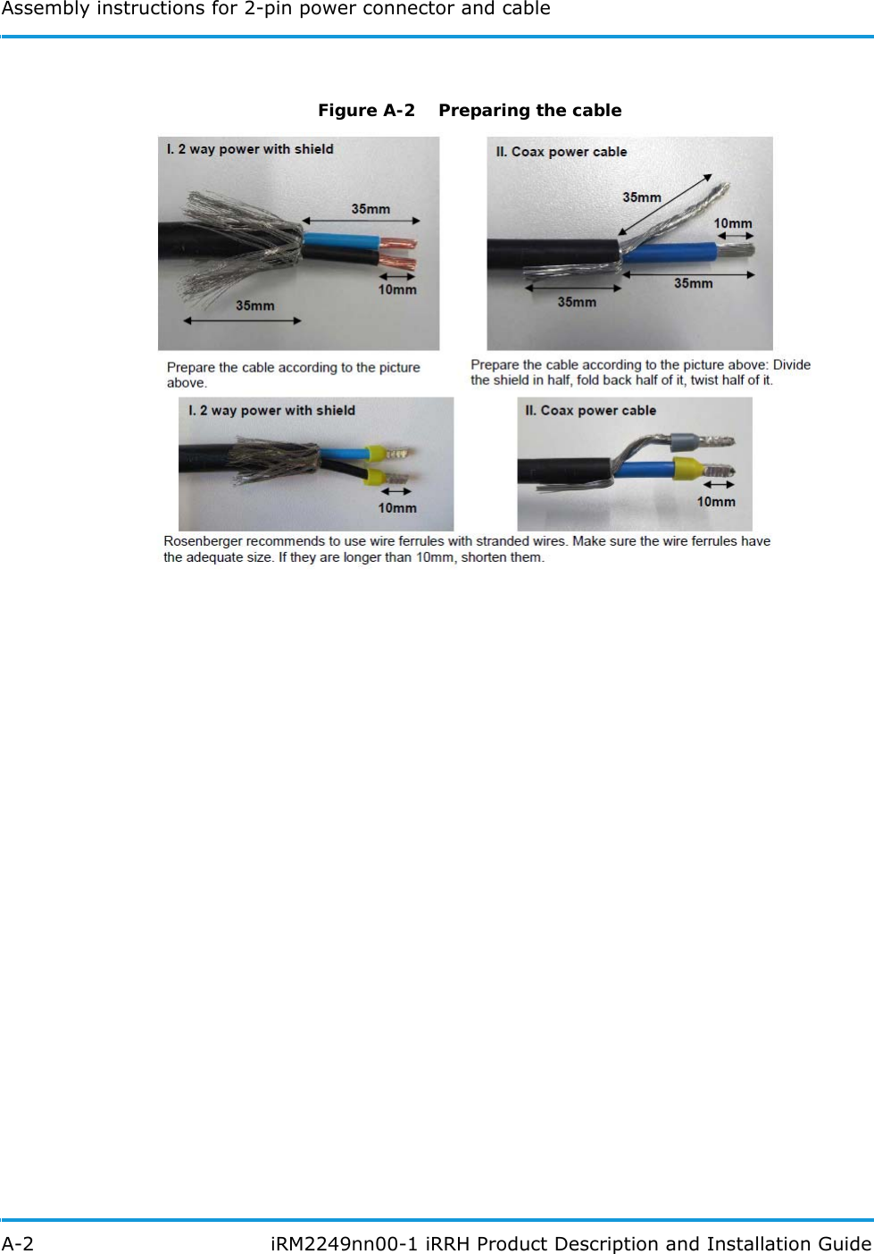 Assembly instructions for 2-pin power connector and cableA-2  iRM2249nn00-1 iRRH Product Description and Installation GuideFigure A-2  Preparing the cable 