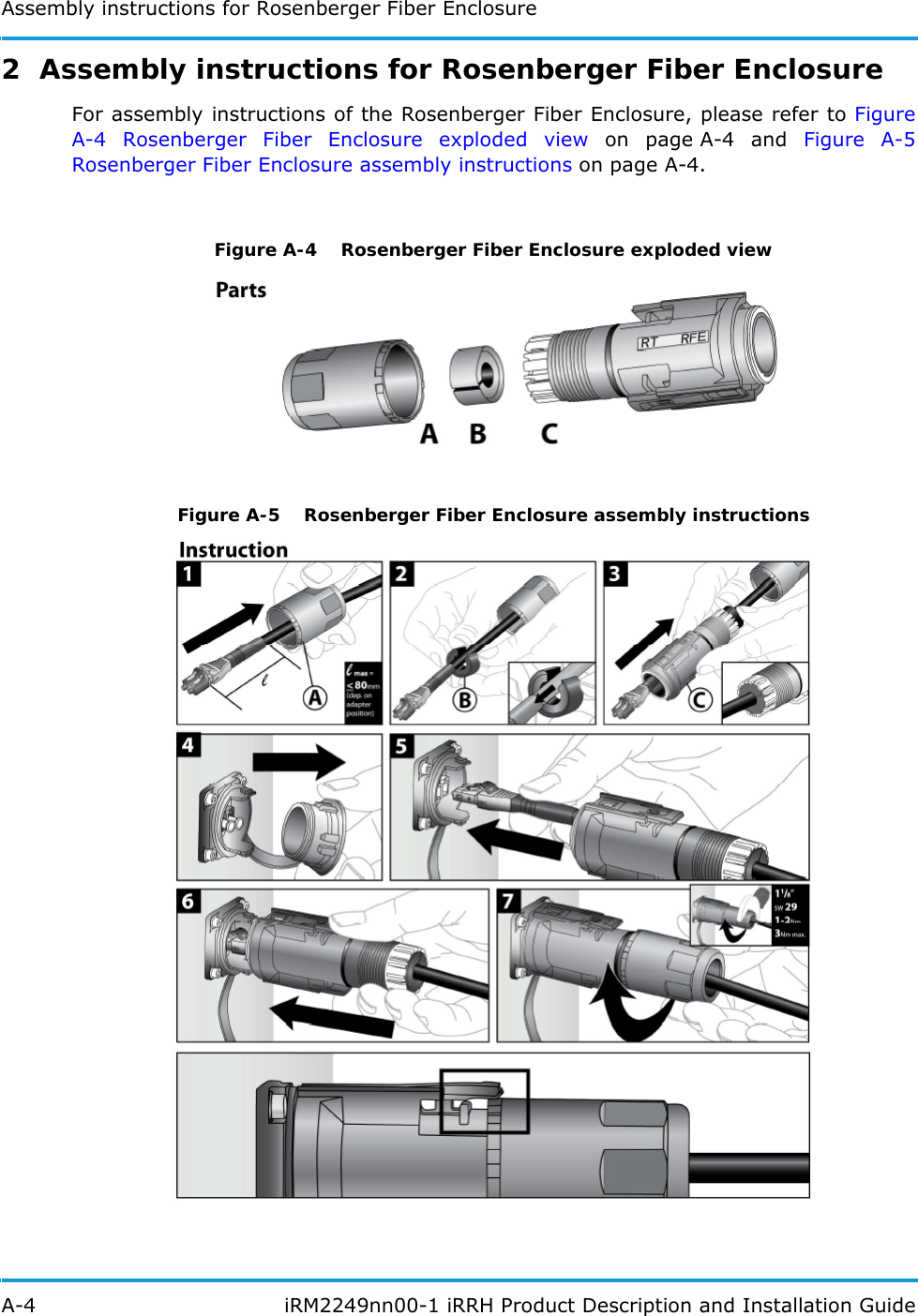 Assembly instructions for Rosenberger Fiber EnclosureA-4  iRM2249nn00-1 iRRH Product Description and Installation Guide2  Assembly instructions for Rosenberger Fiber EnclosureFor assembly instructions of the Rosenberger Fiber Enclosure, please refer to Figure A-4 Rosenberger Fiber Enclosure exploded view on page A-4 and Figure A-5 Rosenberger Fiber Enclosure assembly instructions on page A-4.Figure A-4  Rosenberger Fiber Enclosure exploded viewFigure A-5  Rosenberger Fiber Enclosure assembly instructions