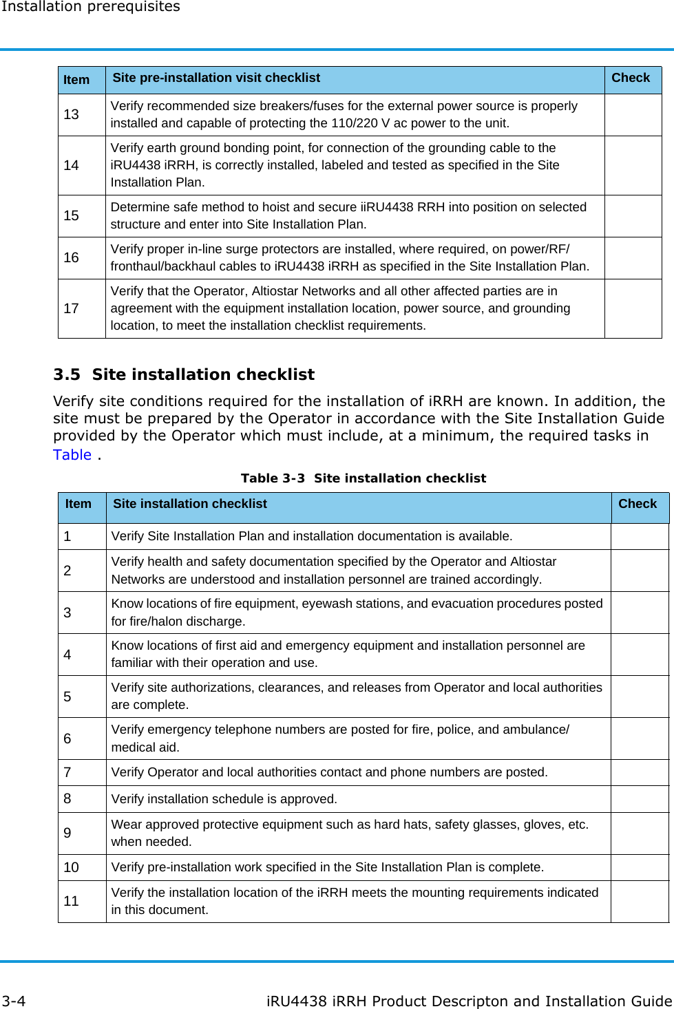 Installation prerequisites3-4 iRU4438 iRRH Product Descripton and Installation Guide3.5  Site installation checklistVerify site conditions required for the installation of iRRH are known. In addition, the site must be prepared by the Operator in accordance with the Site Installation Guide provided by the Operator which must include, at a minimum, the required tasks in Table .13 Verify recommended size breakers/fuses for the external power source is properly installed and capable of protecting the 110/220 V ac power to the unit.14Verify earth ground bonding point, for connection of the grounding cable to the iRU4438 iRRH, is correctly installed, labeled and tested as specified in the Site Installation Plan.15 Determine safe method to hoist and secure iiRU4438 RRH into position on selected structure and enter into Site Installation Plan.16 Verify proper in-line surge protectors are installed, where required, on power/RF/fronthaul/backhaul cables to iRU4438 iRRH as specified in the Site Installation Plan.17Verify that the Operator, Altiostar Networks and all other affected parties are in agreement with the equipment installation location, power source, and grounding location, to meet the installation checklist requirements.Item Site pre-installation visit checklist CheckTable 3-3  Site installation checklistItem Site installation checklist Check1Verify Site Installation Plan and installation documentation is available.2Verify health and safety documentation specified by the Operator and Altiostar Networks are understood and installation personnel are trained accordingly.3Know locations of fire equipment, eyewash stations, and evacuation procedures posted for fire/halon discharge.4Know locations of first aid and emergency equipment and installation personnel are familiar with their operation and use.5Verify site authorizations, clearances, and releases from Operator and local authorities are complete.6Verify emergency telephone numbers are posted for fire, police, and ambulance/medical aid.7Verify Operator and local authorities contact and phone numbers are posted.8Verify installation schedule is approved.9Wear approved protective equipment such as hard hats, safety glasses, gloves, etc. when needed.10 Verify pre-installation work specified in the Site Installation Plan is complete.11 Verify the installation location of the iRRH meets the mounting requirements indicated in this document.