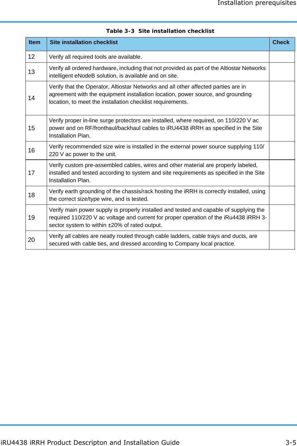 Installation prerequisitesiRU4438 iRRH Product Descripton and Installation Guide 3-512 Verify all required tools are available.13 Verify all ordered hardware, including that not provided as part of the Altiostar Networks intelligent eNodeB solution, is available and on site.14Verify that the Operator, Altiostar Networks and all other affected parties are in agreement with the equipment installation location, power source, and grounding location, to meet the installation checklist requirements.15Verify proper in-line surge protectors are installed, where required, on 110/220 V ac power and on RF/fronthaul/backhaul cables to iRU4438 iRRH as specified in the Site Installation Plan.16 Verify recommended size wire is installed in the external power source supplying 110/220 V ac power to the unit.17Verify custom pre-assembled cables, wires and other material are properly labeled, installed and tested according to system and site requirements as specified in the Site Installation Plan.18 Verify earth grounding of the chassis/rack hosting the iRRH is correctly installed, using the correct size/type wire, and is tested.19Verify main power supply is properly installed and tested and capable of supplying the required 110/220 V ac voltage and current for proper operation of the iRu4438 iRRH 3-sector system to within ±20% of rated output.20 Verify all cables are neatly routed through cable ladders, cable trays and ducts, are secured with cable ties, and dressed according to Company local practice.Table 3-3  Site installation checklistItem Site installation checklist Check