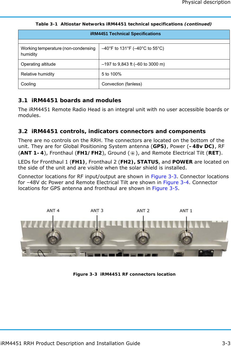 Physical descriptioniRM4451 RRH Product Description and Installation Guide 3-33.1  iRM4451 boards and modulesThe iRM4451 Remote Radio Head is an integral unit with no user accessible boards or modules.3.2  iRM4451 controls, indicators connectors and componentsThere are no controls on the RRH. The connectors are located on the bottom of the unit. They are for Global Positioning System antenna (GPS), Power (–48v DC), RF (ANT 1–4), Fronthaul (FH1/FH2), Ground ( ), and Remote Electrical Tilt (RET).LEDs for Fronthaul 1 (FH1), Fronthaul 2 (FH2), STATUS, and POWER are located on the side of the unit and are visible when the solar shield is installed. Connector locations for RF input/output are shown in Figure 3-3. Connector locations for –48V dc Power and Remote Electrical Tilt are shown in Figure 3-4. Connector locations for GPS antenna and fronthaul are shown in Figure 3-5.Figure 3-3  iRM4451 RF connectors locationWorking temperature (non-condensing humidity–40°F to 131°F (–40°C to 55°C)Operating altitude –197 to 9,843 ft (–60 to 3000 m)Relative humidity 5 to 100%Cooling Convection (fanless)Table 3-1  Altiostar Networks iRM4451 technical specifications (continued)iRM4451 Technical Specifications