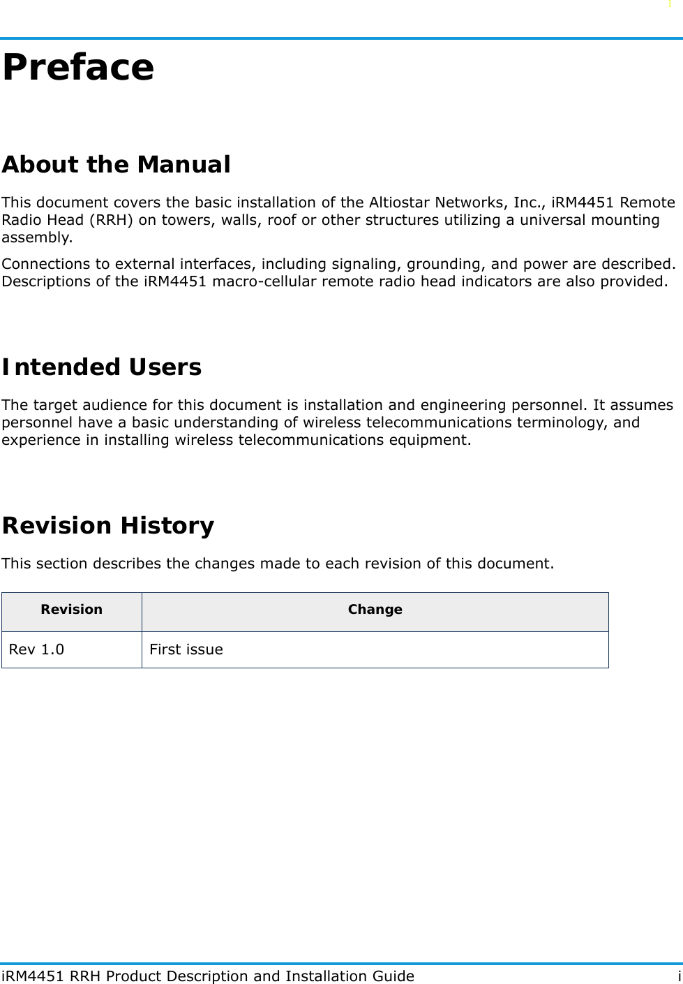 Revision ChangeRev 1.0 First issue  l   iRM4451 RRH Product Description and Installation Guide iPrefaceAbout the ManualThis document covers the basic installation of the Altiostar Networks, Inc., iRM4451 Remote Radio Head (RRH) on towers, walls, roof or other structures utilizing a universal mounting assembly.Connections to external interfaces, including signaling, grounding, and power are described. Descriptions of the iRM4451 macro-cellular remote radio head indicators are also provided.Intended UsersThe target audience for this document is installation and engineering personnel. It assumes personnel have a basic understanding of wireless telecommunications terminology, and experience in installing wireless telecommunications equipment.Revision HistoryThis section describes the changes made to each revision of this document.