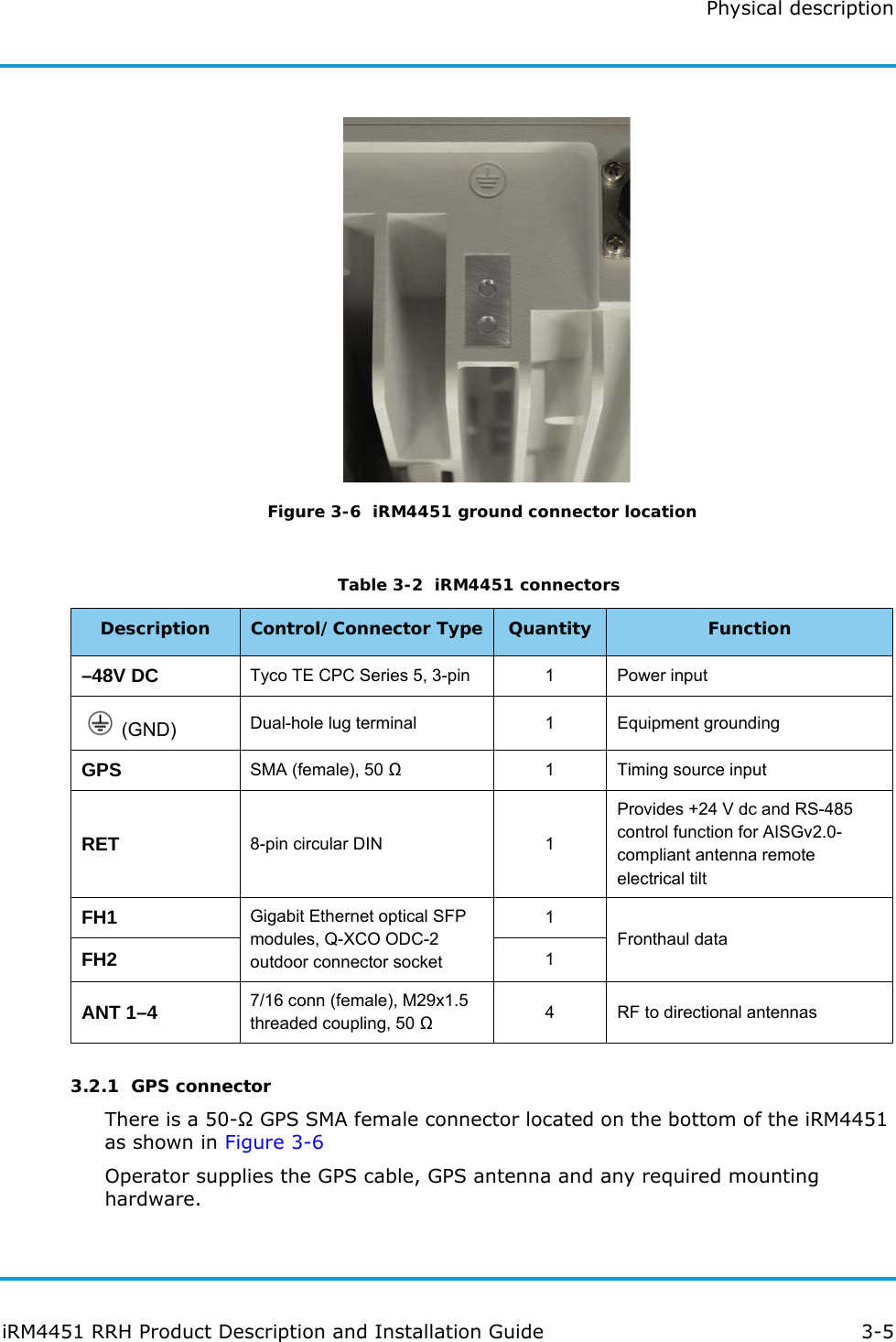 Physical descriptioniRM4451 RRH Product Description and Installation Guide 3-5 Figure 3-6  iRM4451 ground connector location3.2.1  GPS connectorThere is a 50-Ω GPS SMA female connector located on the bottom of the iRM4451 as shown in Figure 3-6Operator supplies the GPS cable, GPS antenna and any required mounting hardware. Table 3-2  iRM4451 connectors Description Control/Connector Type Quantity Function–48V DC Tyco TE CPC Series 5, 3-pin 1Power input  (GND) Dual-hole lug terminal 1Equipment groundingGPS SMA (female), 50 Ω1Timing source inputRET 8-pin circular DIN 1Provides +24 V dc and RS-485 control function for AISGv2.0-compliant antenna remote electrical tiltFH1 Gigabit Ethernet optical SFP modules, Q-XCO ODC-2 outdoor connector socket1Fronthaul dataFH2 1ANT 1–4 7/16 conn (female), M29x1.5 threaded coupling, 50 Ω4RF to directional antennas