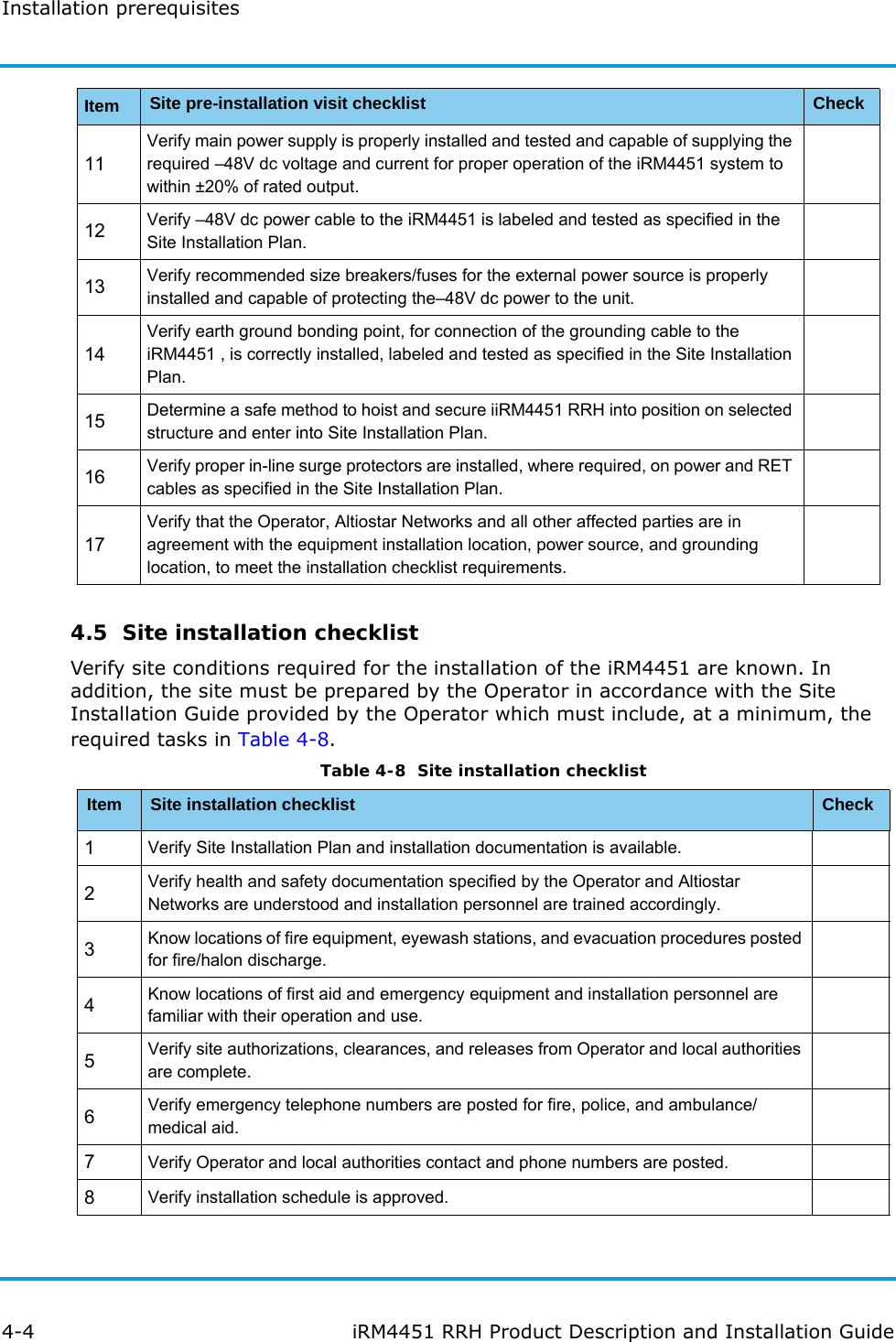 Installation prerequisites4-4 iRM4451 RRH Product Description and Installation Guide4.5  Site installation checklistVerify site conditions required for the installation of the iRM4451 are known. In addition, the site must be prepared by the Operator in accordance with the Site Installation Guide provided by the Operator which must include, at a minimum, the required tasks in Table 4-8.11Verify main power supply is properly installed and tested and capable of supplying the required –48V dc voltage and current for proper operation of the iRM4451 system to within ±20% of rated output.12 Verify –48V dc power cable to the iRM4451 is labeled and tested as specified in the Site Installation Plan.13 Verify recommended size breakers/fuses for the external power source is properly installed and capable of protecting the–48V dc power to the unit.14Verify earth ground bonding point, for connection of the grounding cable to the iRM4451 , is correctly installed, labeled and tested as specified in the Site Installation Plan.15 Determine a safe method to hoist and secure iiRM4451 RRH into position on selected structure and enter into Site Installation Plan.16 Verify proper in-line surge protectors are installed, where required, on power and RET cables as specified in the Site Installation Plan.17Verify that the Operator, Altiostar Networks and all other affected parties are in agreement with the equipment installation location, power source, and grounding location, to meet the installation checklist requirements.Item Site pre-installation visit checklist CheckTable 4-8  Site installation checklistItem Site installation checklist Check1Verify Site Installation Plan and installation documentation is available.2Verify health and safety documentation specified by the Operator and Altiostar Networks are understood and installation personnel are trained accordingly.3Know locations of fire equipment, eyewash stations, and evacuation procedures posted for fire/halon discharge.4Know locations of first aid and emergency equipment and installation personnel are familiar with their operation and use.5Verify site authorizations, clearances, and releases from Operator and local authorities are complete.6Verify emergency telephone numbers are posted for fire, police, and ambulance/medical aid.7Verify Operator and local authorities contact and phone numbers are posted.8Verify installation schedule is approved.