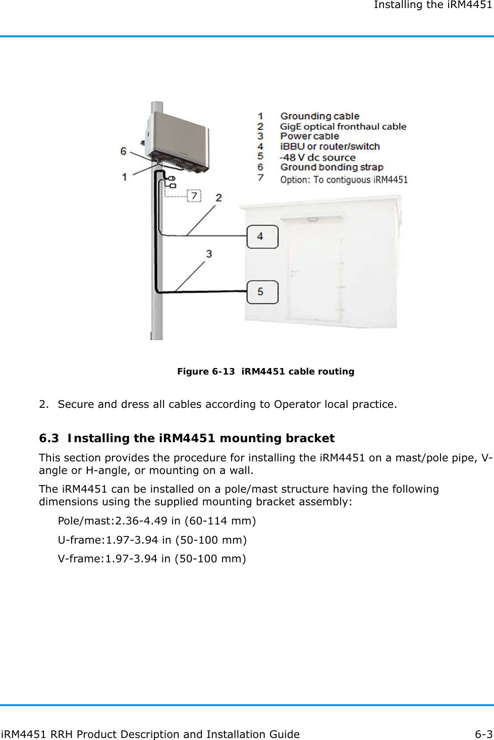 Installing the iRM4451iRM4451 RRH Product Description and Installation Guide 6-3Figure 6-13  iRM4451 cable routing2. Secure and dress all cables according to Operator local practice.6.3  Installing the iRM4451 mounting bracketThis section provides the procedure for installing the iRM4451 on a mast/pole pipe, V-angle or H-angle, or mounting on a wall.The iRM4451 can be installed on a pole/mast structure having the following dimensions using the supplied mounting bracket assembly:Pole/mast:2.36-4.49 in (60-114 mm)U-frame:1.97-3.94 in (50-100 mm)V-frame:1.97-3.94 in (50-100 mm)