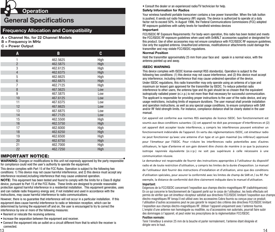 OperationGeneral Specications13 14Frequency Allocation and Compatibility A = Channel No. for 22 Channel ModelsB = Frequency in MHzC = Power OutputA B  C1   462.5625  High2  462.5875  High3   462.6125  High4   462.6375  High5   462.6625  High6   462.6875  High7    462.7125  High8   467.5625  Low9    467.5875  Low10 467.6125  Low11   467.6375  Low12   467.6625  Low13   467.6875  Low14   467.7125  Low15   462.5500  High16   462.5750  High17   462.6000  High18   462.6250  High19   462.6500  High20   462.6750  High21   462.7000  High22   462.7250  HighIMPORTANT NOTICE: WARNING: Changes or modications to this unit not expressly approved by the party responsible for compliance could void the user’s authority to operate the equipment.This device complies with Part 15 of the FCC Rules. Operation is subject to the following two conditions: 1) This device may not cause harmful interference, and 2) this device must accept any interference received,including interference that may cause undesired operation.NOTE: This equipment has been tested and found to comply with the limits for a Class B digital device, pursuant to Part 15 of the FCC Rules.  These limits are designed to provide reasonable protection against harmful interference in a residential installation.  This equipment generates, uses and can radiate radio frequency energy and, if not installed and used in accordance with the instructions, may cause harmful interference to radio communications.However, there is no guarantee that interference will not occur in a particular installation.  If this equipment does cause harmful interference to radio or television reception, which can be determined by turning the equipment off and on, the user is encouraged to try to correct the interference by one or more of the following measures:• Reorient or relocate the receiving antenna.• Increase the separation between the equipment and receiver.• Connect the equipment into an outlet on a circuit different from that to which the receiver is connected.• Consult the dealer or an experienced radio/TV technician for help. Safety Information for RadiosYour wireless handheld portable transceiver contains a low power transmitter. When the talk button is pushed, it sends out radio frequency (RF) signals. The device is authorized to operate at a duty factor not to exceed 50%. In August 1996, the Federal Communications Commissions (FCC) adopted RF exposure guidelines with safety levels for handheld wireless devicesImportantFCC/ISEDC RF Exposure Requirements: For body-worn operation, this radio has been tested and meetsthe FCC/ISEDC RF exposure guidelines when used with DEWALT accessories supplied or designated forthis product. Use of other accessories may not ensure compliance with FCC/ISEDC RF exposure guidelines.Use only the supplied antenna. Unauthorized antennas, modifcations or attachments could damage the transmitter and may violate FCC/ISEDC regulations. Normal PositionHold the transmitter approximately 25 mm from your face and  speak in a normal voice, with the antenna pointed up and away.ISEDC WARNINGThis device complies with ISEDC license-exempt RSS standard(s). Operation is subject to the following two conditions: (1) this device may not cause interference, and (2) this device must accept any interference, including interference that may cause undesired operation of the device. Under ISEDC regulations, this radio transmitter may only operate using an antenna of a type and maximum (or lesser) gain approved for the transmitter by ISEDC. To reduce potential radio interference to other users, the antenna type and its gain should be so chosen that the equivalent isotropically radiated power (e.i.r.p.) is not more than that necessary for successful communication.The applicant is responsible for providing proper instructions to the user of the radio device, and any usage restrictions, including limits of exposure durations. The user manual shall provide installation and operation instructions, as well as any special usage conditions, to ensure compliance with SAR and/or RF eld strength limits. For instance, compliance distance shall be clearly stated in the user manual.CetappareilestconformeauxnormesRSSexemptesdelicenceISEDC.Sonfonctionnementestsoumisauxdeuxconditionssuivantes:(1)cetappareilnedoitpasprovoquerd&apos;interférenceset(2)cetappareildoitacceptertouteinterférence,ycomprislesinterférencespouvantentraînerunfonctionnementindésirabledel&apos;appareil.EnvertudesréglementationsISEDC,cetémetteurradionepeutfonctionnerqu&apos;avecuneantenned&apos;untypeetungainmaximal(ouinférieur)approuvépourl&apos;émetteurparl&apos;ISEDC.Pourréduirelesinterférencesradiopotentiellesavecd’autresutilisateurs,letyped’antenneetsongaindoiventêtrechoisisdemanièreàcequelapuissanceisotroperayonnéeéquivalente(e.i.r.p.)nesoitpassupérieureàcellenécessaireàunecommunicationréussie.Ledemandeurestresponsabledefournirdesinstructionsappropriéesàl&apos;utilisateurdudispositifradioetdetouterestrictiond&apos;utilisation,ycomprisleslimitesdeladuréed&apos;exposition.Lemanueldel&apos;utilisateurdoitfournirdesinstructionsd&apos;installationetd&apos;utilisation,ainsiquedesconditionsd&apos;utilisationspéciales,pourassurerlaconformitéavecleslimitesdechampdeSARet/ouRF.Parexemple,ladistancedeconformitédoitêtreclairementindiquéedanslemanueld&apos;utilisation.Important:Exigences de la FCC/ISEDC concernant l’exposition aux champs électro-magnétiques RF (radiofréquences): En ce qui concerne le fonctionnement de l’appareil porté sur le corps de l’utilisateur, les tests effectués ont permis de vérier que cet émetteur-récepteur satisfait aux directives FCC/ISEDC limitant l’exposition aux champs électro-magnétiques RF lorsqu’il est utilisé avec les accessoires Cobra fournis ou conçus pour ce produit; l’utilisation d’autres accessoires peut ne pas garantir le respect des critères des directives FCC/ISEDC limitant l’exposition aux champs électro-magnétiques RF. Utiliser l’appareil uniquement avec l’antenne fournie. L’emploi d’une antenne non homologuée ou modiée, ou d’accessoires non autorisés, pourrait faire subir des dommages à l’appareil, et peut violer les prescriptions de la réglementation FCC/ISEDC.Position normale:Tenir l&apos;émetteur à environ 25 mm de la bouche et parler normalement, l&apos;antenne étant éloignée et dirigée vers le haut.