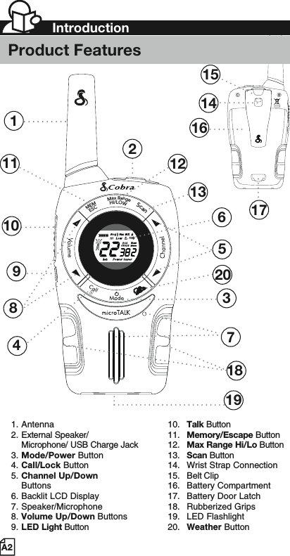 MEMESCMaxRangeHI/LOWScan2Product Features137481151514161710 691. Antenna2. External Speaker/Microphone/ USB Charge Jack3. Mode/Power Button4. Call/Lock Button5. Channel Up/Down    Buttons6. Backlit LCD Display7. Speaker/Microphone8. Volume Up/Down Buttons9. LED Light Button10. Talk Button11. Memory/Escape Button 12. Max Range Hi/Lo Button13. Scan Button14. Wrist Strap Connection15. Belt Clip16. Battery Compartment17. Battery Door Latch18. Rubberized Grips19. LED Flashlight20. Weather ButtonA21213191820IntroductionProduct Features