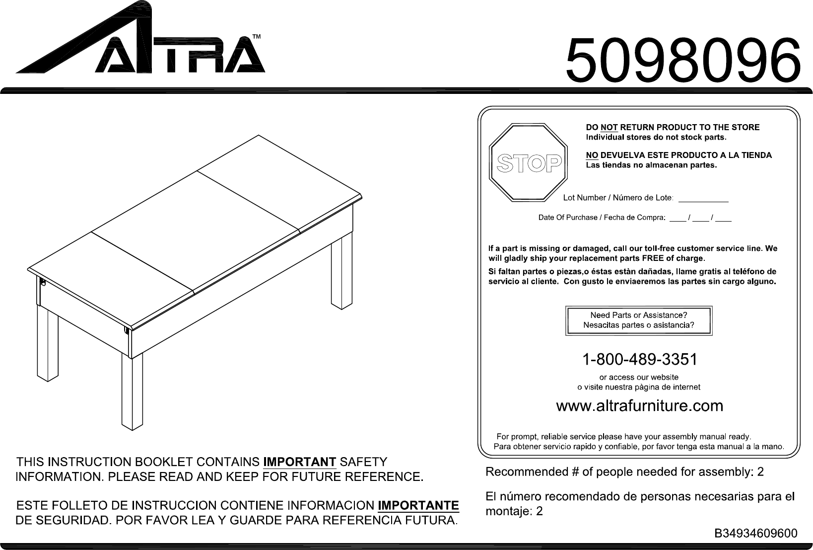 Altra Furniture Parsons Extension Coffee Table Assembly