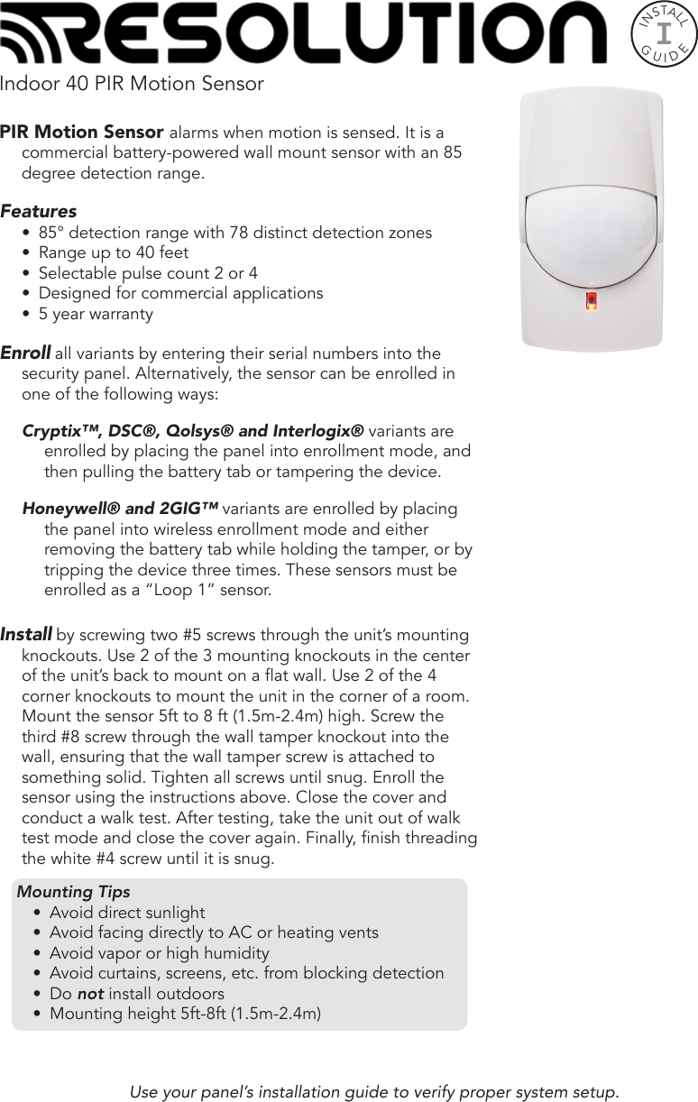 Page 1 of Alula RE161 Wireless Motion Detector User Manual 