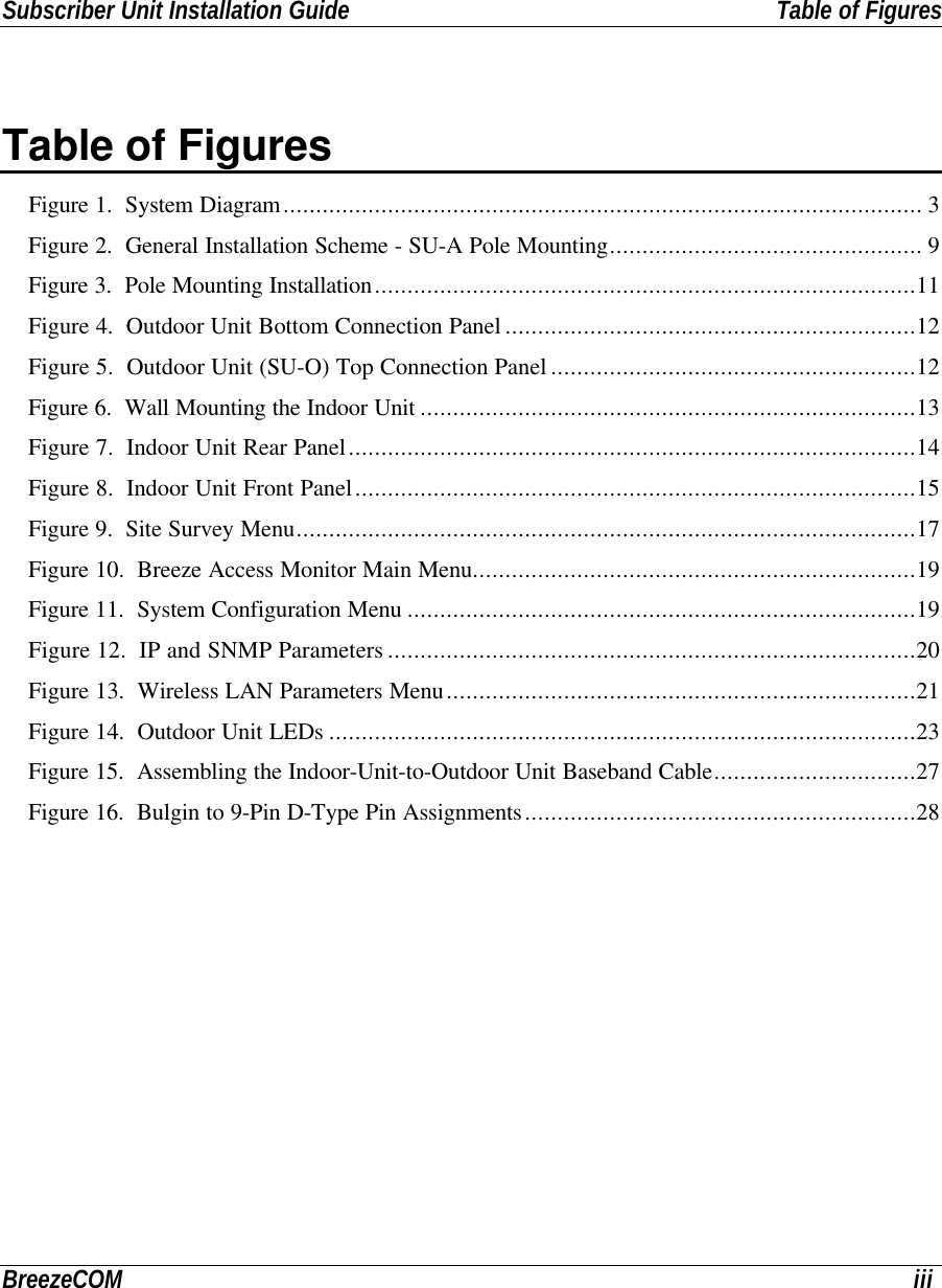 Subscriber Unit Installation Guide Table of FiguresBreezeCOM iiiTable of FiguresFigure 1.  System Diagram.................................................................................................. 3Figure 2.  General Installation Scheme - SU-A Pole Mounting................................................ 9Figure 3.  Pole Mounting Installation...................................................................................11Figure 4.  Outdoor Unit Bottom Connection Panel ...............................................................12Figure 5.  Outdoor Unit (SU-O) Top Connection Panel ........................................................12Figure 6.  Wall Mounting the Indoor Unit ............................................................................13Figure 7.  Indoor Unit Rear Panel.......................................................................................14Figure 8.  Indoor Unit Front Panel......................................................................................15Figure 9.  Site Survey Menu...............................................................................................17Figure 10.  Breeze Access Monitor Main Menu....................................................................19Figure 11.  System Configuration Menu ..............................................................................19Figure 12.  IP and SNMP Parameters .................................................................................20Figure 13.  Wireless LAN Parameters Menu........................................................................21Figure 14.  Outdoor Unit LEDs ..........................................................................................23Figure 15.  Assembling the Indoor-Unit-to-Outdoor Unit Baseband Cable...............................27Figure 16.  Bulgin to 9-Pin D-Type Pin Assignments............................................................28