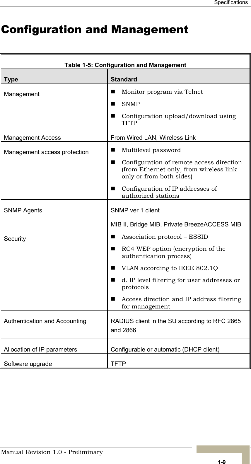  Specifications Configuration and Management  Table 1-5: Configuration and Management Type  Standard Management   Monitor program via Telnet  SNMP  Configuration upload/download using TFTP Management Access  From Wired LAN, Wireless Link Management access protection   Multilevel password  Configuration of remote access direction (from Ethernet only, from wireless link only or from both sides)  Configuration of IP addresses of authorized stations SNMP Agents  SNMP ver 1 client MIB II, Bridge MIB, Private BreezeACCESS MIB Security   Association protocol – ESSID  RC4 WEP option (encryption of the authentication process)  VLAN according to IEEE 802.1Q  d. IP level filtering for user addresses or protocols  Access direction and IP address filtering for management Authentication and Accounting  RADIUS client in the SU according to RFC 2865 and 2866 Allocation of IP parameters  Configurable or automatic (DHCP client) Software upgrade  TFTP  Manual Revision 1.0 - Preliminary   1-9 