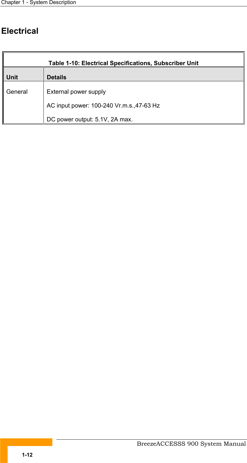 Chapter 1 - System Description   Electrical  Table 1-10: Electrical Specifications, Subscriber Unit Unit  Details General  External power supply AC input power: 100-240 Vr.m.s.,47-63 Hz DC power output: 5.1V, 2A max.    BreezeACCESSS 900 System Manual 1-12 