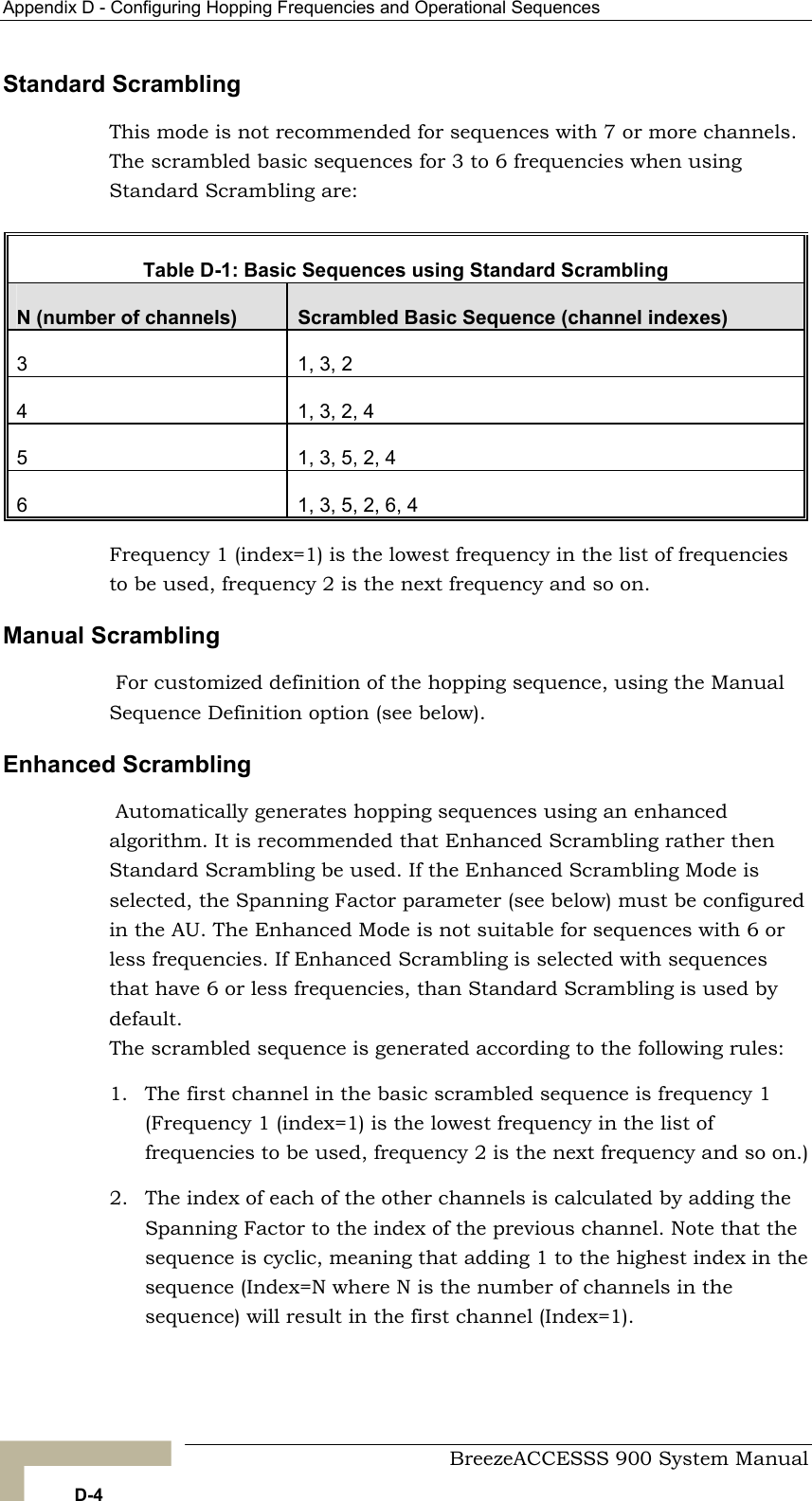 Appendix D - Configuring Hopping Frequencies and Operational Sequences   Standard Scrambling This mode is not recommended for sequences with 7 or more channels. The scrambled basic sequences for 3 to 6 frequencies when using Standard Scrambling are:  Table D-1: Basic Sequences using Standard Scrambling N (number of channels)  Scrambled Basic Sequence (channel indexes) 3  1, 3, 2 4  1, 3, 2, 4 5  1, 3, 5, 2, 4 6  1, 3, 5, 2, 6, 4 Frequency 1 (index=1) is the lowest frequency in the list of frequencies to be used, frequency 2 is the next frequency and so on. Manual Scrambling  For customized definition of the hopping sequence, using the Manual Sequence Definition option (see below). Enhanced Scrambling  Automatically generates hopping sequences using an enhanced algorithm. It is recommended that Enhanced Scrambling rather then Standard Scrambling be used. If the Enhanced Scrambling Mode is selected, the Spanning Factor parameter (see below) must be configured in the AU. The Enhanced Mode is not suitable for sequences with 6 or less frequencies. If Enhanced Scrambling is selected with sequences that have 6 or less frequencies, than Standard Scrambling is used by default.  The scrambled sequence is generated according to the following rules: 1.  The first channel in the basic scrambled sequence is frequency 1 (Frequency 1 (index=1) is the lowest frequency in the list of frequencies to be used, frequency 2 is the next frequency and so on.)  2.  The index of each of the other channels is calculated by adding the Spanning Factor to the index of the previous channel. Note that the sequence is cyclic, meaning that adding 1 to the highest index in the sequence (Index=N where N is the number of channels in the sequence) will result in the first channel (Index=1).   BreezeACCESSS 900 System Manual D-4 