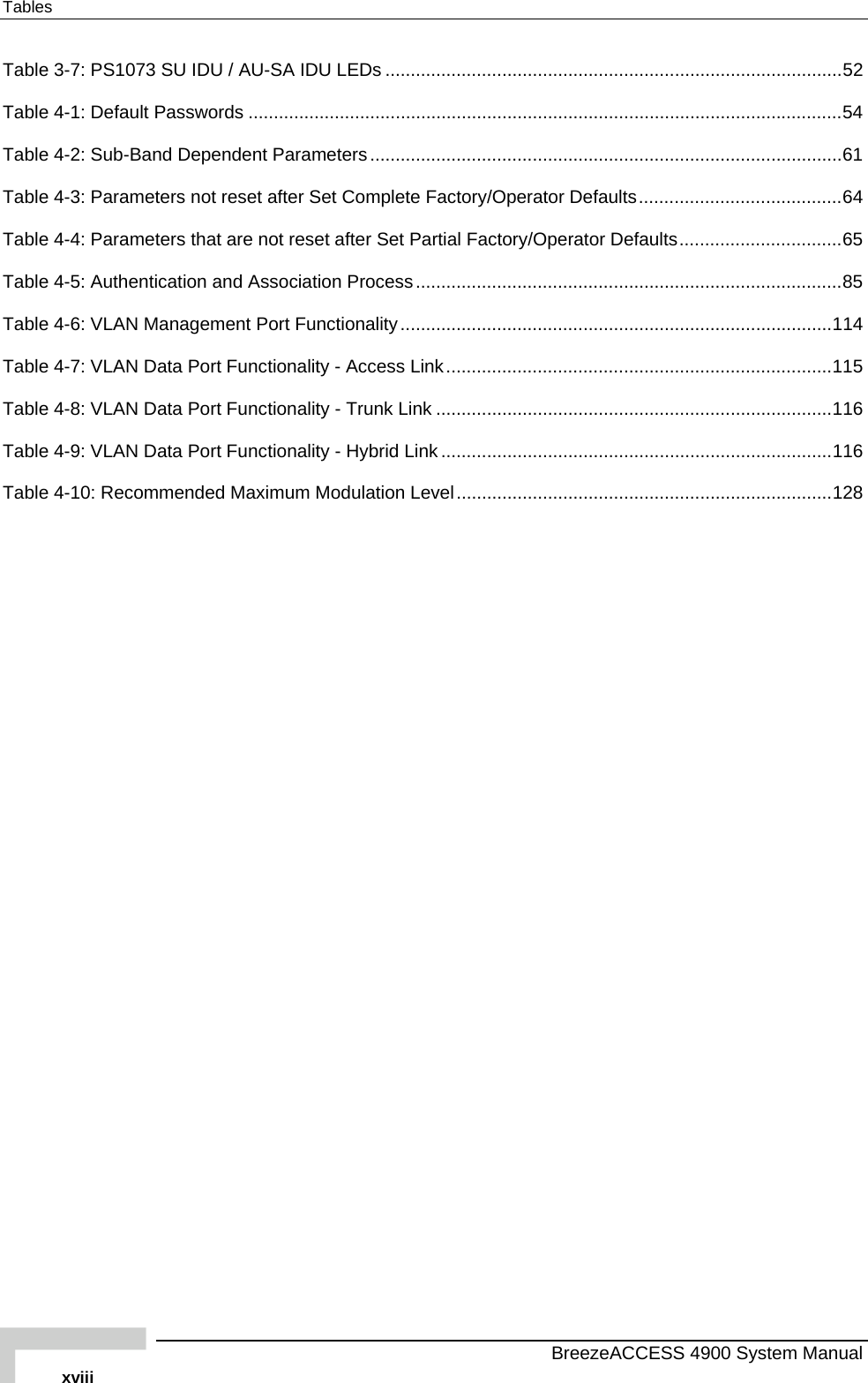 Tables Table  3-7: PS1073 SU IDU / AU-SA IDU LEDs ..........................................................................................52 Table  4-1: Default Passwords .....................................................................................................................54 Table   4-2: Sub-Band Dependent Parameters.............................................................................................61 Table  4-3: Parameters not reset after Set Complete Factory/Operator Defaults........................................64 Table  4-4: Parameters that are not reset after Set Partial Factory/Operator Defaults................................65 Table  4-5: Authentication and Association Process....................................................................................85 Table   4-6: VLAN Management Port Functionality.....................................................................................114 Table  4-7: VLAN Data Port Functionality - Access Link............................................................................115 Table  4-8: VLAN Data Port Functionality - Trunk Link ..............................................................................116 Table  4-9: VLAN Data Port Functionality - Hybrid Link .............................................................................116 Table  4-10: Recommended Maximum Modulation Level..........................................................................128    BreezeACCESS 4900 System Manual xviii 