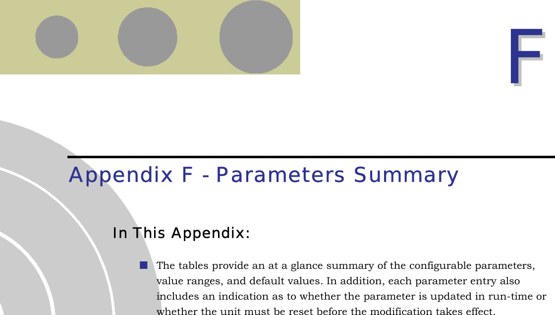  FF  App  F  Summary endix - Parameters In This Appendix:  The tables provide an at a glance summary of the configurable parameters, value ranges, and default values. In addition, each parameter entry also includes an indication as to whether the parameter is updated in run-time or whether the unit must be reset before the modification takes effect.  