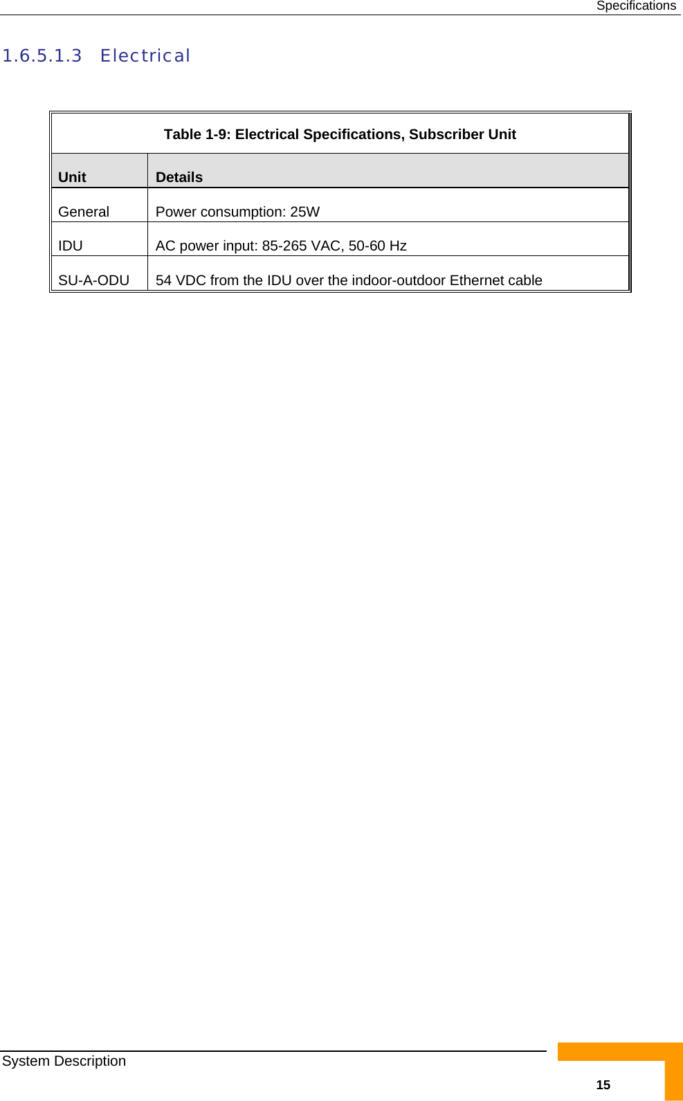  Specifications 1.6.5.1.3 Electrical  Table  1-9: Electrical Specifications, Subscriber Unit Unit  Details General  Power consumption: 25W IDU  AC power input: 85-265 VAC, 50-60 Hz SU-A-ODU  54 VDC from the IDU over the indoor-outdoor Ethernet cable  System Description   15 