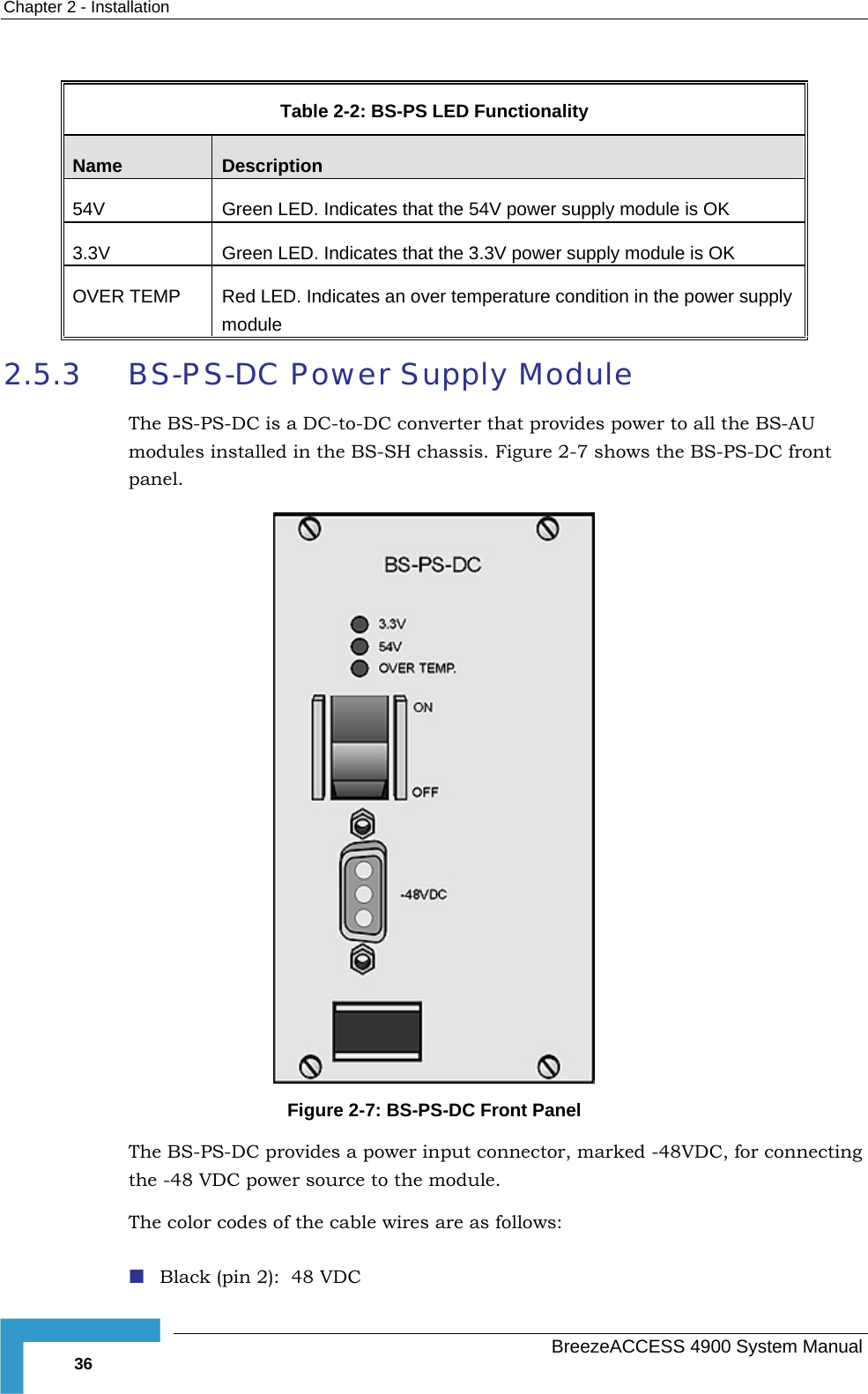 Chapter  2 - Installation  Table  2-2: BS-PS LED Functionality Name  Description 54V  es that the 54V power supply module is OK Green LED. Indicat3.3V  Green LED. Indicates that the 3.3V power supply module is OK OVER Red LED. Indicates an over temperature condition in the power supply  TEMP module 2.5.3   BS-PS-DC Power Supply Module The BS-PS-DC is a DC-to-DC converter that provides power to all the BS-AUmodules installed in the BS-SH chassis. Figure  2-7 shows the BS-PS-DC frontpanel.  Figure  2-7: BS-PS-DC Front Panel Th  BS-PS-DC provides a power input connector, marked -48VDC, for connect -48 VDC power soue ing the rce to the module.  e Black (pin 2):  48 VDC Th  color codes of the cable wires are as follows:   BreezeACCESS 4900 System Manual 36 