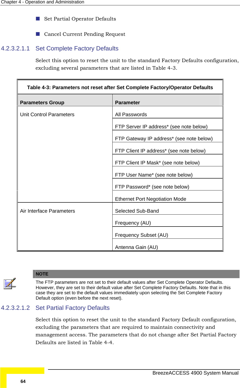 Chapter  4 - Operation and Administration  S t Partial Operator Defaults 4.2.3.2 te Factory Defaults Select this option to reset the unit t actory Defaults configuration, excluding several parameters that are Table  4-3: Parameters not reset after Se /Operator Defaults  e Cancel Current Pending Request .1.1 Set Compleo the standard F listed in Table  4-3. t Complete FactoryParameters Group  Parameter All Passwords FTP e note below)  Server IP address* (seFTP low)  Gateway IP address* (see note beFTP Client IP address* (see note below) FTP  below)  Client IP Mask* (see noteFTP User Name* (see note below) FTP Password* (see note below) Unit Control Parameters Ethernet Port Negotiation Mode Selected Sub-Band Frequency (AU) Frequency Subset (AU) Air Interface Parameters Antenna Gain (AU)    NOTE  The FTP parameters are not set to their default values after Set Complete Operator Defaults. However, they are set to their default value after Set Complete Factory Defaults. Note that in this case they are set to the default values immediately upon selecting the Set Complete Factory Default option (even before the next reset). 4.2.3.2.1.2 Set Partial Factory Defaults Select this option to reset the unit to the standard Factory Default configurexcluding the parameters that are required to maintain connectivity and ation, management access. The parameters that do not change after Set Partial Factory Defaults are listed in Table  4-4.   BreezeACCESS 4900 System Manual 64 