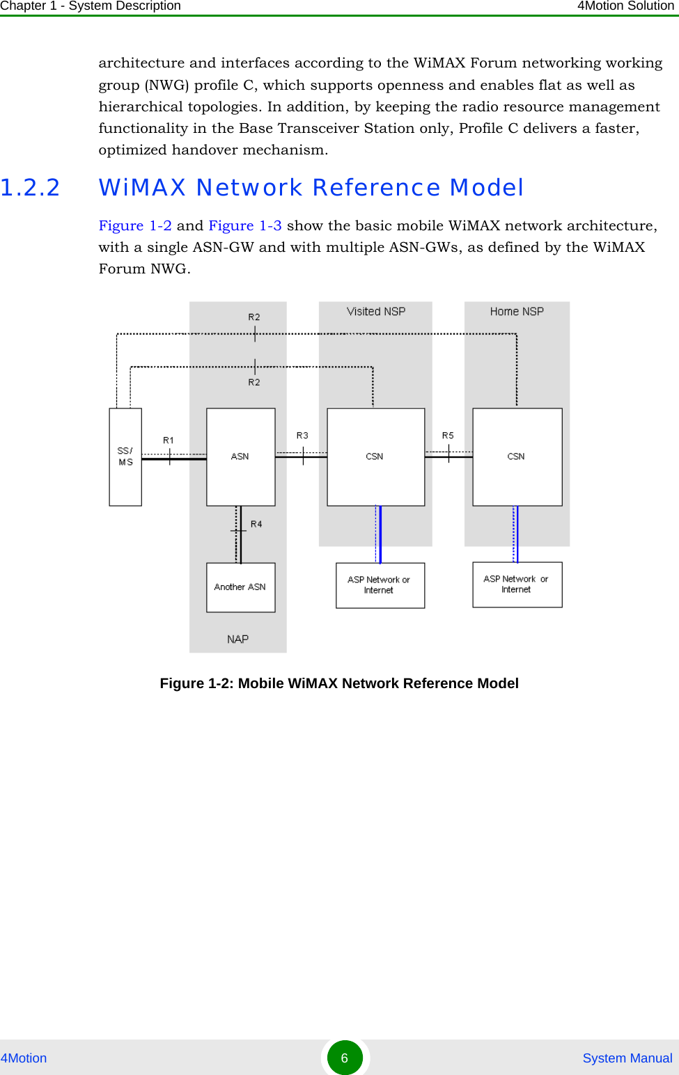 Chapter 1 - System Description 4Motion Solution4Motion 6 System Manualarchitecture and interfaces according to the WiMAX Forum networking working group (NWG) profile C, which supports openness and enables flat as well as hierarchical topologies. In addition, by keeping the radio resource management functionality in the Base Transceiver Station only, Profile C delivers a faster, optimized handover mechanism.1.2.2 WiMAX Network Reference ModelFigure 1-2 and Figure 1-3 show the basic mobile WiMAX network architecture, with a single ASN-GW and with multiple ASN-GWs, as defined by the WiMAX Forum NWG.Figure 1-2: Mobile WiMAX Network Reference Model