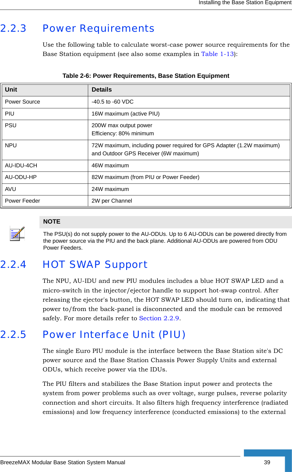 Installing the Base Station EquipmentBreezeMAX Modular Base Station System Manual 392.2.3 Power RequirementsUse the following table to calculate worst-case power source requirements for the Base Station equipment (see also some examples in Table 1-13):2.2.4 HOT SWAP SupportThe NPU, AU-IDU and new PIU modules includes a blue HOT SWAP LED and a micro-switch in the injector/ejector handle to support hot-swap control. After releasing the ejector&apos;s button, the HOT SWAP LED should turn on, indicating that power to/from the back-panel is disconnected and the module can be removed safely. For more details refer to Section 2.2.9.2.2.5 Power Interface Unit (PIU)The single Euro PIU module is the interface between the Base Station site&apos;s DC power source and the Base Station Chassis Power Supply Units and external ODUs, which receive power via the IDUs. The PIU filters and stabilizes the Base Station input power and protects the system from power problems such as over voltage, surge pulses, reverse polarity connection and short circuits. It also filters high frequency interference (radiated emissions) and low frequency interference (conducted emissions) to the external Table 2-6: Power Requirements, Base Station EquipmentUnit Details Power Source -40.5 to -60 VDCPIU  16W maximum (active PIU)PSU 200W max output powerEfficiency: 80% minimumNPU 72W maximum, including power required for GPS Adapter (1.2W maximum) and Outdoor GPS Receiver (6W maximum)AU-IDU-4CH 46W maximumAU-ODU-HP 82W maximum (from PIU or Power Feeder)AVU 24W maximumPower Feeder 2W per ChannelNOTEThe PSU(s) do not supply power to the AU-ODUs. Up to 6 AU-ODUs can be powered directly from the power source via the PIU and the back plane. Additional AU-ODUs are powered from ODU Power Feeders.