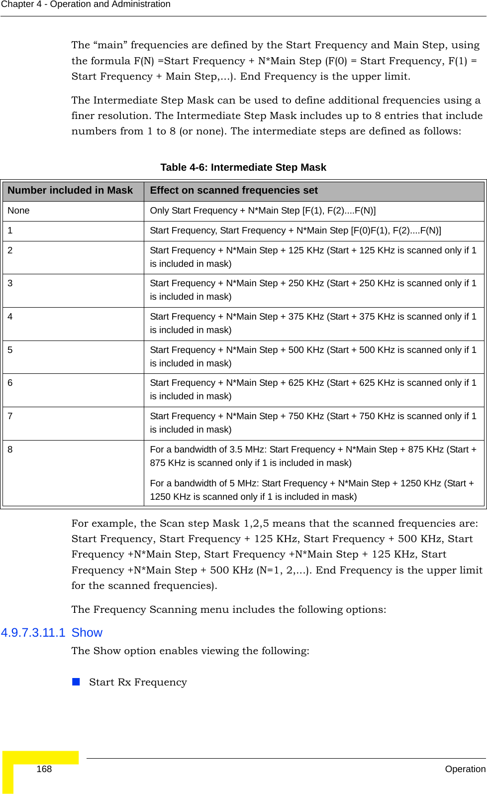  168 OperationChapter 4 - Operation and AdministrationThe “main” frequencies are defined by the Start Frequency and Main Step, using the formula F(N) =Start Frequency + N*Main Step (F(0) = Start Frequency, F(1) = Start Frequency + Main Step,...). End Frequency is the upper limit.The Intermediate Step Mask can be used to define additional frequencies using a finer resolution. The Intermediate Step Mask includes up to 8 entries that include numbers from 1 to 8 (or none). The intermediate steps are defined as follows:For example, the Scan step Mask 1,2,5 means that the scanned frequencies are: Start Frequency, Start Frequency + 125 KHz, Start Frequency + 500 KHz, Start Frequency +N*Main Step, Start Frequency +N*Main Step + 125 KHz, Start Frequency +N*Main Step + 500 KHz (N=1, 2,...). End Frequency is the upper limit for the scanned frequencies).The Frequency Scanning menu includes the following options:4.9.7.3.11.1 ShowThe Show option enables viewing the following:Start Rx FrequencyTable 4-6: Intermediate Step MaskNumber included in Mask Effect on scanned frequencies setNone Only Start Frequency + N*Main Step [F(1), F(2)....F(N)]1 Start Frequency, Start Frequency + N*Main Step [F(0)F(1), F(2)....F(N)]2 Start Frequency + N*Main Step + 125 KHz (Start + 125 KHz is scanned only if 1 is included in mask)3 Start Frequency + N*Main Step + 250 KHz (Start + 250 KHz is scanned only if 1 is included in mask)4 Start Frequency + N*Main Step + 375 KHz (Start + 375 KHz is scanned only if 1 is included in mask)5 Start Frequency + N*Main Step + 500 KHz (Start + 500 KHz is scanned only if 1 is included in mask)6 Start Frequency + N*Main Step + 625 KHz (Start + 625 KHz is scanned only if 1 is included in mask)7 Start Frequency + N*Main Step + 750 KHz (Start + 750 KHz is scanned only if 1 is included in mask)8 For a bandwidth of 3.5 MHz: Start Frequency + N*Main Step + 875 KHz (Start + 875 KHz is scanned only if 1 is included in mask)For a bandwidth of 5 MHz: Start Frequency + N*Main Step + 1250 KHz (Start + 1250 KHz is scanned only if 1 is included in mask)