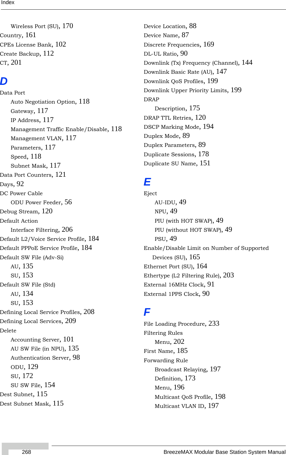 Index268 BreezeMAX Modular Base Station System ManualWireless Port (SU), 170Country, 161CPEs License Bank, 102Create Backup, 112CT, 201DData PortAuto Negotiation Option, 118Gateway, 117IP Address, 117Management Traffic Enable/Disable, 118Management VLAN, 117Parameters, 117Speed, 118Subnet Mask, 117Data Port Counters, 121Days, 92DC Power CableODU Power Feeder, 56Debug Stream, 120Default ActionInterface Filtering, 206Default L2/Voice Service Profile, 184Default PPPoE Service Profile, 184Default SW File (Adv-Si)AU, 135SU, 153Default SW File (Std)AU, 134SU, 153Defining Local Service Profiles, 208Defining Local Services, 209DeleteAccounting Server, 101AU SW File (in NPU), 135Authentication Server, 98ODU, 129SU, 172SU SW File, 154Dest Subnet, 115Dest Subnet Mask, 115Device Location, 88Device Name, 87Discrete Frequencies, 169DL-UL Ratio, 90Downlink (Tx) Frequency (Channel), 144Downlink Basic Rate (AU), 147Downlink QoS Profiles, 199Downlink Upper Priority Limits, 199DRAPDescription, 175DRAP TTL Retries, 120DSCP Marking Mode, 194Duplex Mode, 89Duplex Parameters, 89Duplicate Sessions, 178Duplicate SU Name, 151EEjectAU-IDU, 49NPU, 49PIU (with HOT SWAP), 49PIU (without HOT SWAP), 49PSU, 49Enable/Disable Limit on Number of Supported Devices (SU), 165Ethernet Port (SU), 164Ethertype (L2 Filtering Rule), 203External 16MHz Clock, 91External 1PPS Clock, 90FFile Loading Procedure, 233Filtering RulesMenu, 202First Name, 185Forwarding RuleBroadcast Relaying, 197Definition, 173Menu, 196Multicast QoS Profile, 198Multicast VLAN ID, 197