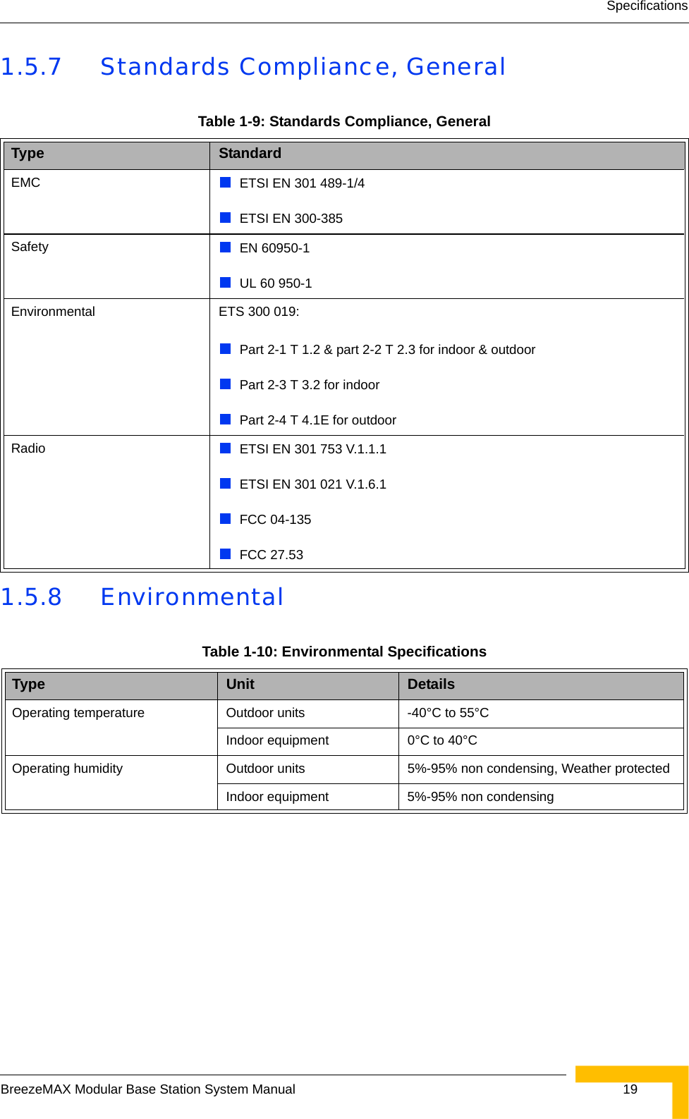 SpecificationsBreezeMAX Modular Base Station System Manual  191.5.7 Standards Compliance, General1.5.8 EnvironmentalTable 1-9: Standards Compliance, GeneralType StandardEMC ETSI EN 301 489-1/4ETSI EN 300-385Safety  EN 60950-1UL 60 950-1Environmental ETS 300 019:Part 2-1 T 1.2 &amp; part 2-2 T 2.3 for indoor &amp; outdoorPart 2-3 T 3.2 for indoorPart 2-4 T 4.1E for outdoorRadio   ETSI EN 301 753 V.1.1.1ETSI EN 301 021 V.1.6.1FCC 04-135FCC 27.53Table 1-10: Environmental SpecificationsType Unit DetailsOperating temperature Outdoor units -40°C to 55°C Indoor equipment 0°C to 40°COperating humidity Outdoor units 5%-95% non condensing, Weather protectedIndoor equipment 5%-95% non condensing