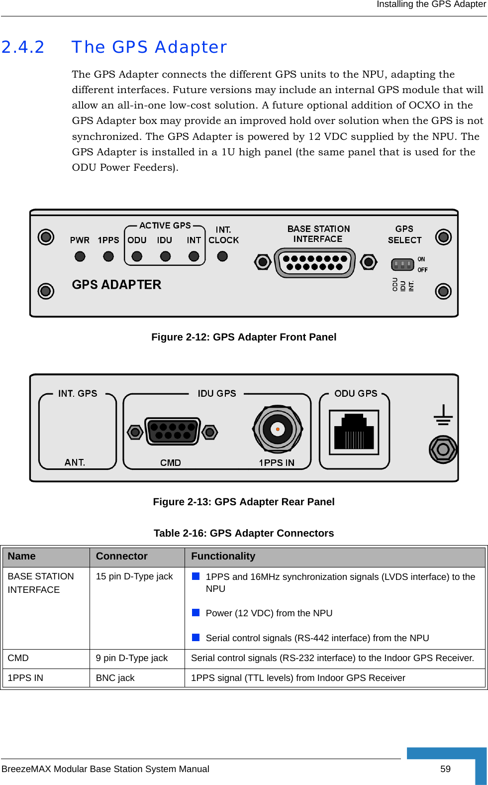 Installing the GPS AdapterBreezeMAX Modular Base Station System Manual 592.4.2 The GPS AdapterThe GPS Adapter connects the different GPS units to the NPU, adapting the different interfaces. Future versions may include an internal GPS module that will allow an all-in-one low-cost solution. A future optional addition of OCXO in the GPS Adapter box may provide an improved hold over solution when the GPS is not synchronized. The GPS Adapter is powered by 12 VDC supplied by the NPU. The GPS Adapter is installed in a 1U high panel (the same panel that is used for the ODU Power Feeders).Figure 2-12: GPS Adapter Front Panel Figure 2-13: GPS Adapter Rear Panel Table 2-16: GPS Adapter ConnectorsName Connector FunctionalityBASE STATION INTERFACE15 pin D-Type jack 1PPS and 16MHz synchronization signals (LVDS interface) to the NPUPower (12 VDC) from the NPUSerial control signals (RS-442 interface) from the NPUCMD 9 pin D-Type jack Serial control signals (RS-232 interface) to the Indoor GPS Receiver.1PPS IN BNC jack 1PPS signal (TTL levels) from Indoor GPS Receiver