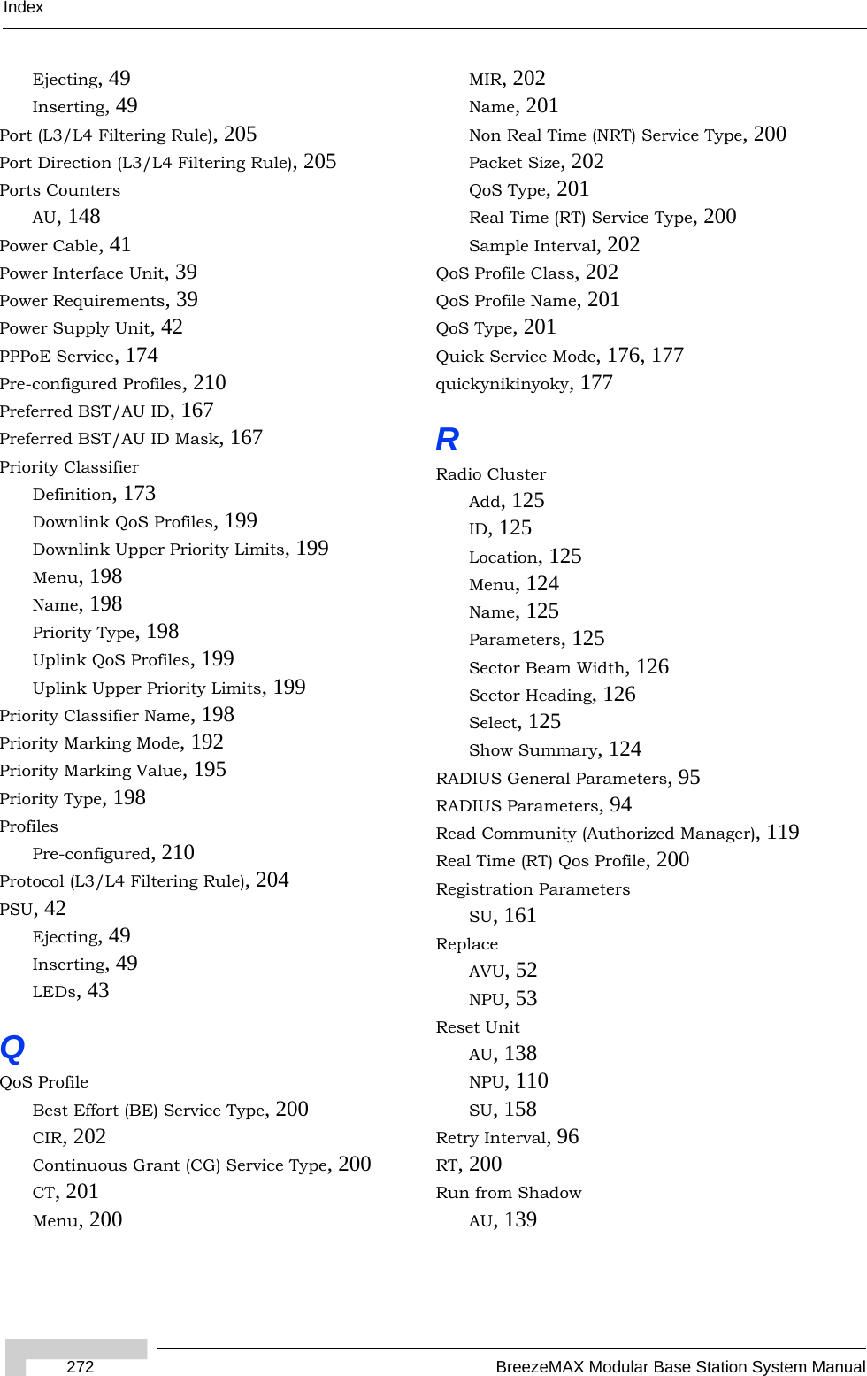 Index272 BreezeMAX Modular Base Station System ManualEjecting, 49Inserting, 49Port (L3/L4 Filtering Rule), 205Port Direction (L3/L4 Filtering Rule), 205Ports CountersAU, 148Power Cable, 41Power Interface Unit, 39Power Requirements, 39Power Supply Unit, 42PPPoE Service, 174Pre-configured Profiles, 210Preferred BST/AU ID, 167Preferred BST/AU ID Mask, 167Priority ClassifierDefinition, 173Downlink QoS Profiles, 199Downlink Upper Priority Limits, 199Menu, 198Name, 198Priority Type, 198Uplink QoS Profiles, 199Uplink Upper Priority Limits, 199Priority Classifier Name, 198Priority Marking Mode, 192Priority Marking Value, 195Priority Type, 198ProfilesPre-configured, 210Protocol (L3/L4 Filtering Rule), 204PSU, 42Ejecting, 49Inserting, 49LEDs, 43QQoS ProfileBest Effort (BE) Service Type, 200CIR, 202Continuous Grant (CG) Service Type, 200CT, 201Menu, 200MIR, 202Name, 201Non Real Time (NRT) Service Type, 200Packet Size, 202QoS Type, 201Real Time (RT) Service Type, 200Sample Interval, 202QoS Profile Class, 202QoS Profile Name, 201QoS Type, 201Quick Service Mode, 176, 177quickynikinyoky, 177RRadio ClusterAdd, 125ID, 125Location, 125Menu, 124Name, 125Parameters, 125Sector Beam Width, 126Sector Heading, 126Select, 125Show Summary, 124RADIUS General Parameters, 95RADIUS Parameters, 94Read Community (Authorized Manager), 119Real Time (RT) Qos Profile, 200Registration ParametersSU, 161ReplaceAVU, 52NPU, 53Reset UnitAU, 138NPU, 110SU, 158Retry Interval, 96RT, 200Run from ShadowAU, 139